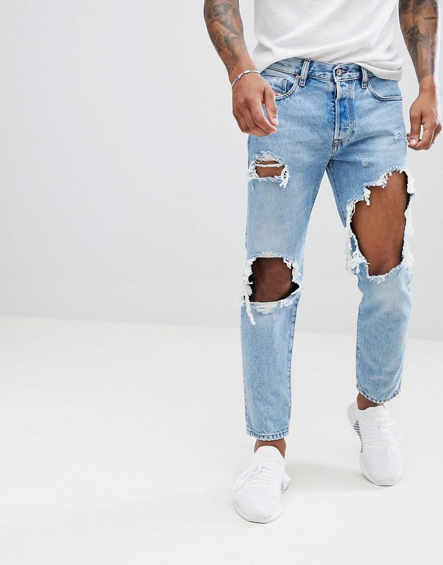 DIESEL Denim Mharky 90s Slim Fit Distressed Jeans In 0076m Light Wash in  Blue for Men | Lyst