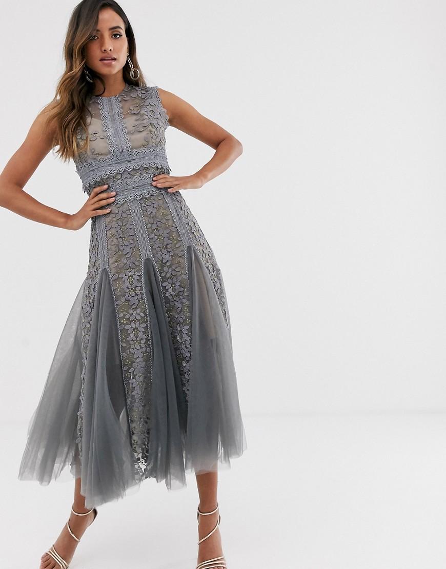 Bronx and Banco Bronx & Banco Megan Grey Lace Embroidered Midi Dress in ...