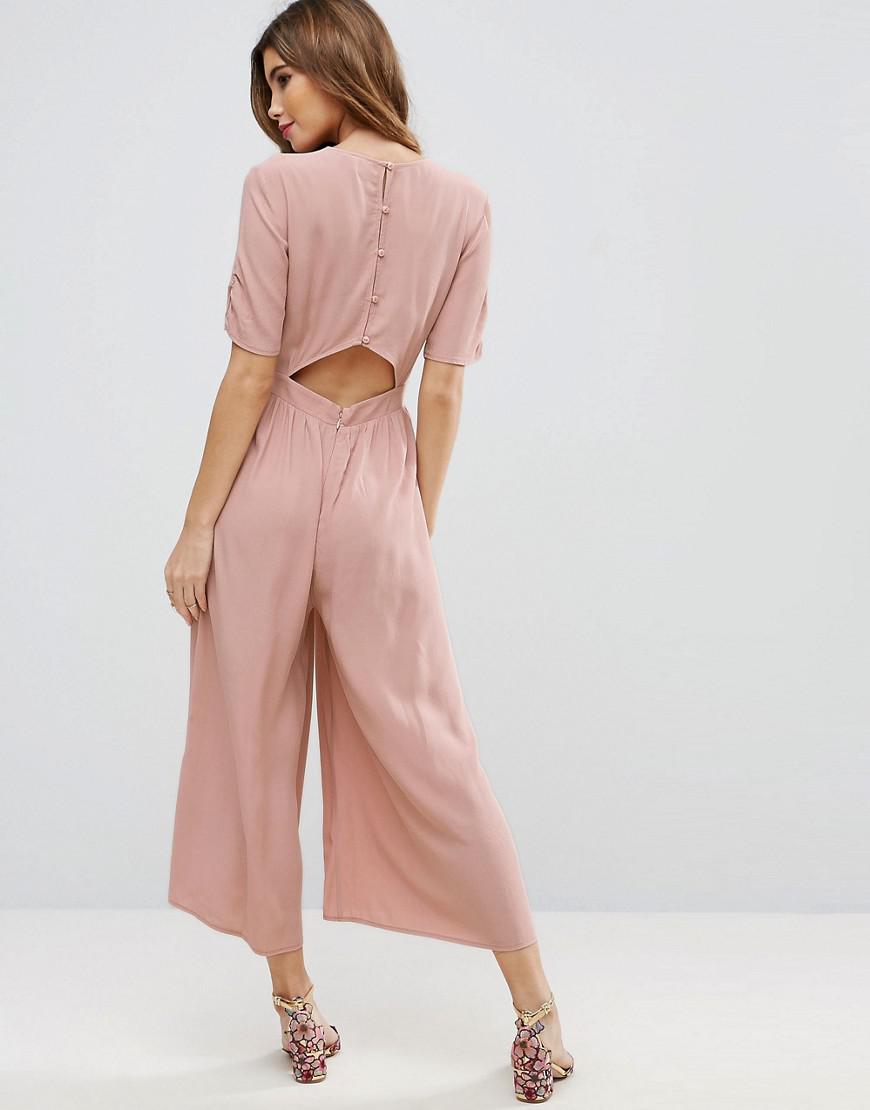 asos design tea jumpsuit with ruched sleeve detail