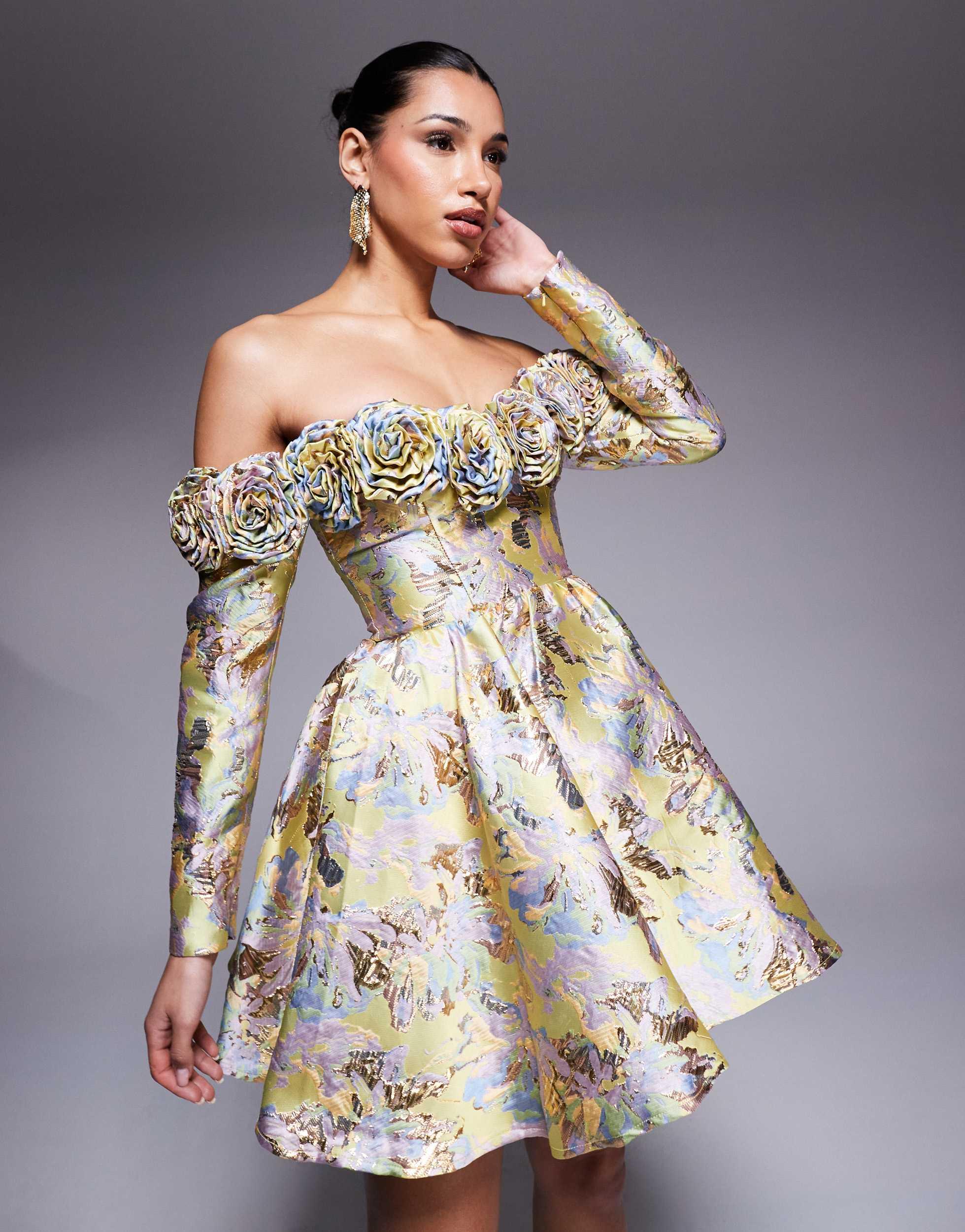floral off the shoulder dress asos Lace & Beads bow off-shoulder tulle maxi dress in blush floral