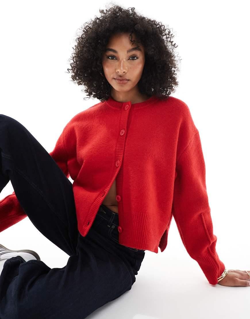 Asos Boxy Cardigan Womens ASOS Boxy Crew Neck Cardigan With Side Split Detail In Red Lyst
