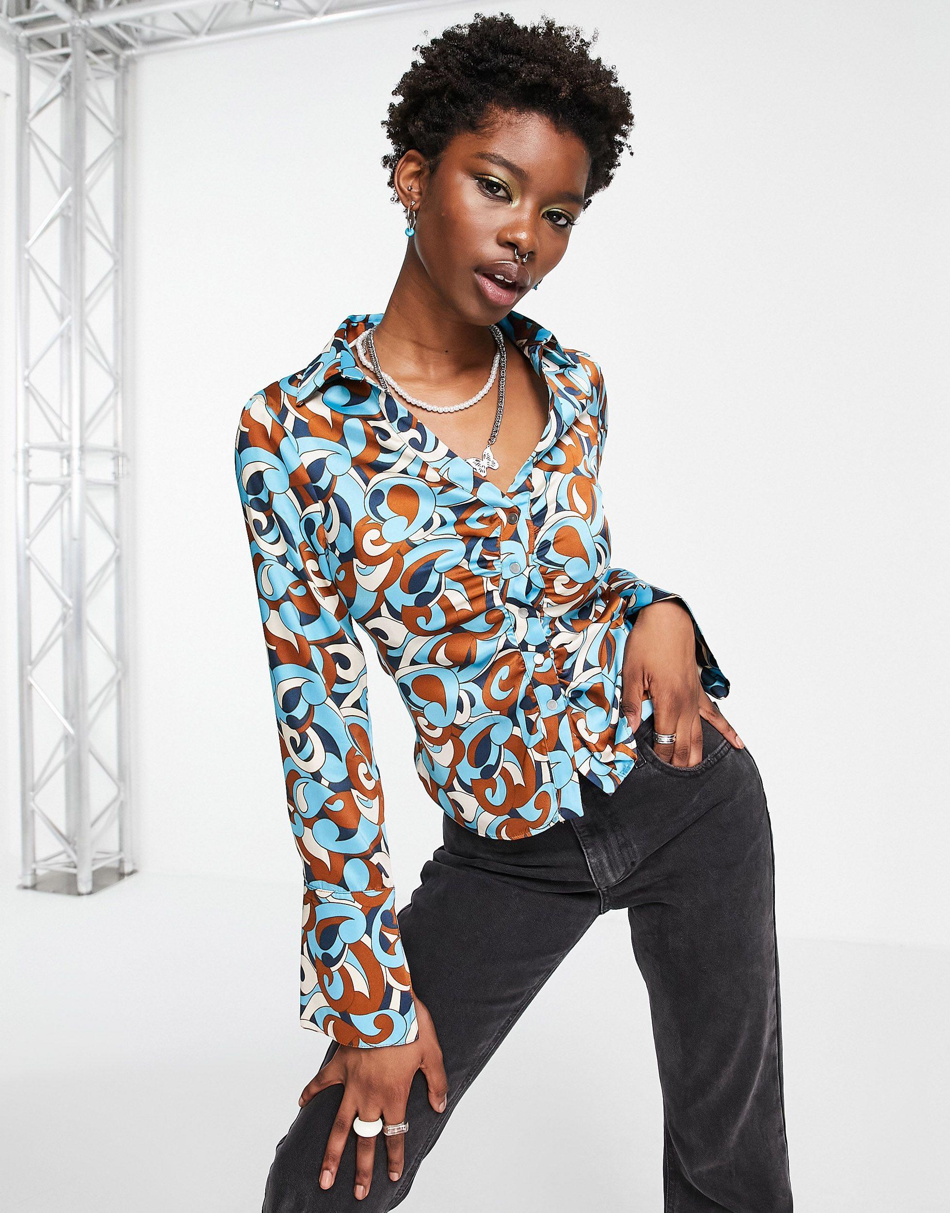 TOPSHOP 70s Swirl Print Ruched Popper Shirt in Blue | Lyst