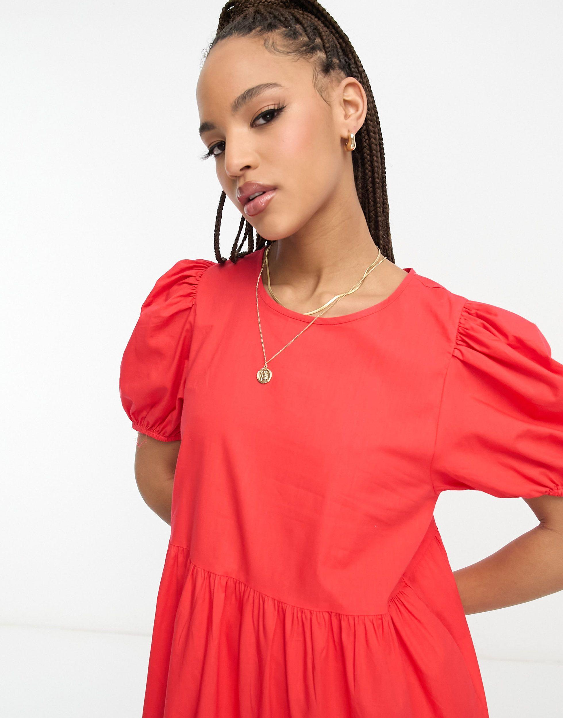 Jdy Exclusive Puff Sleeve Midi Smock Dress in Red | Lyst