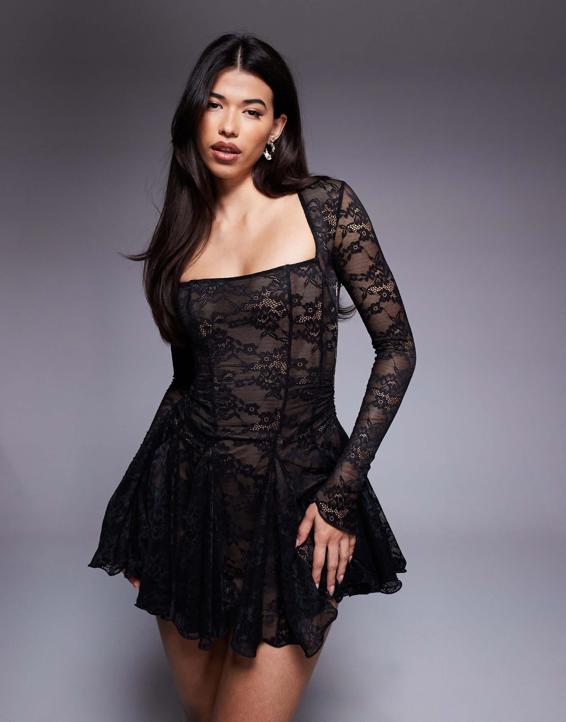 Murci Square Neck Long Sleeve Gathered Ruffle Hem Lace Mini Dress in Black  | Lyst