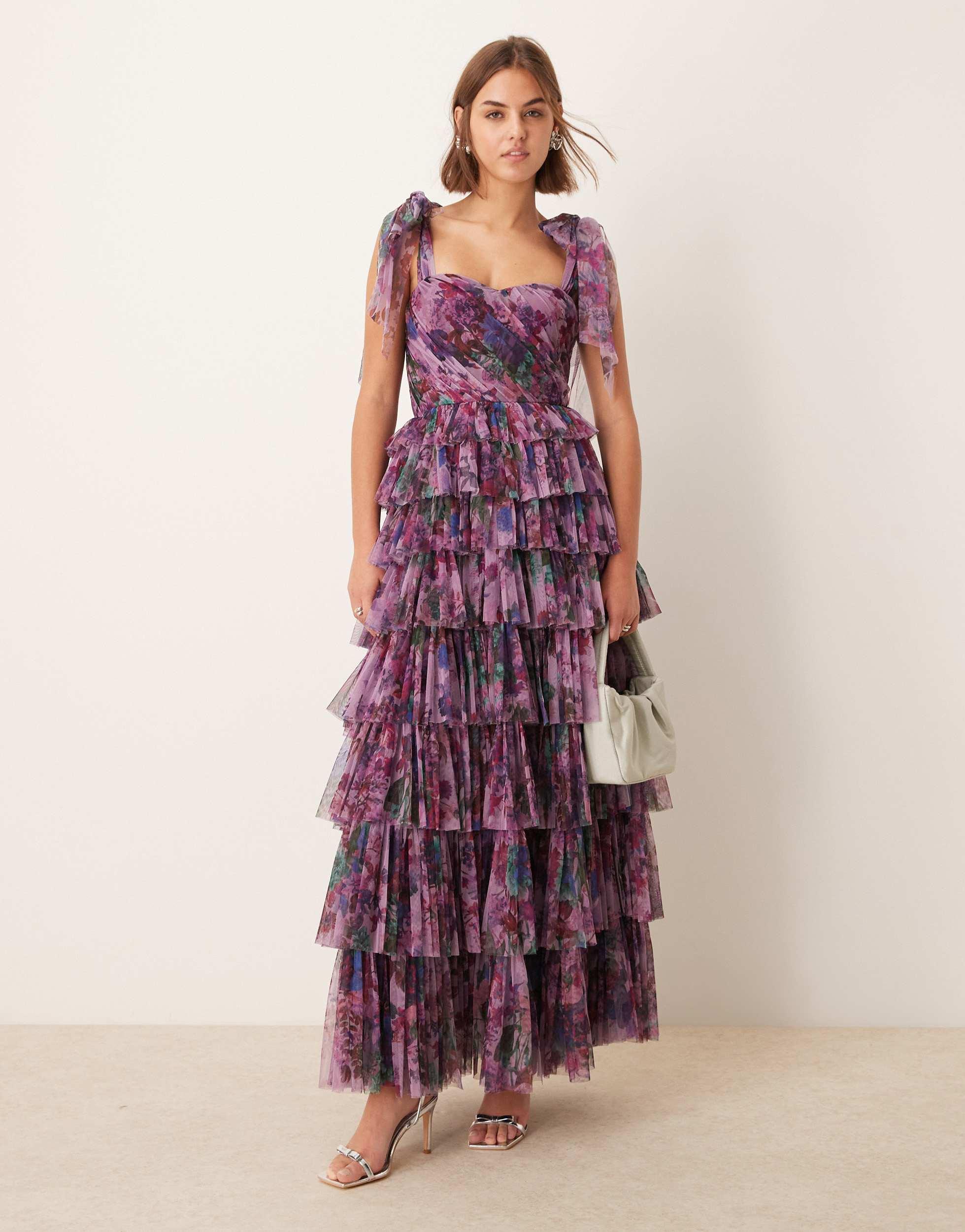 LACE & BEADS Bow Shoulder Tiered Tulle Maxi Dress in Pink | Lyst