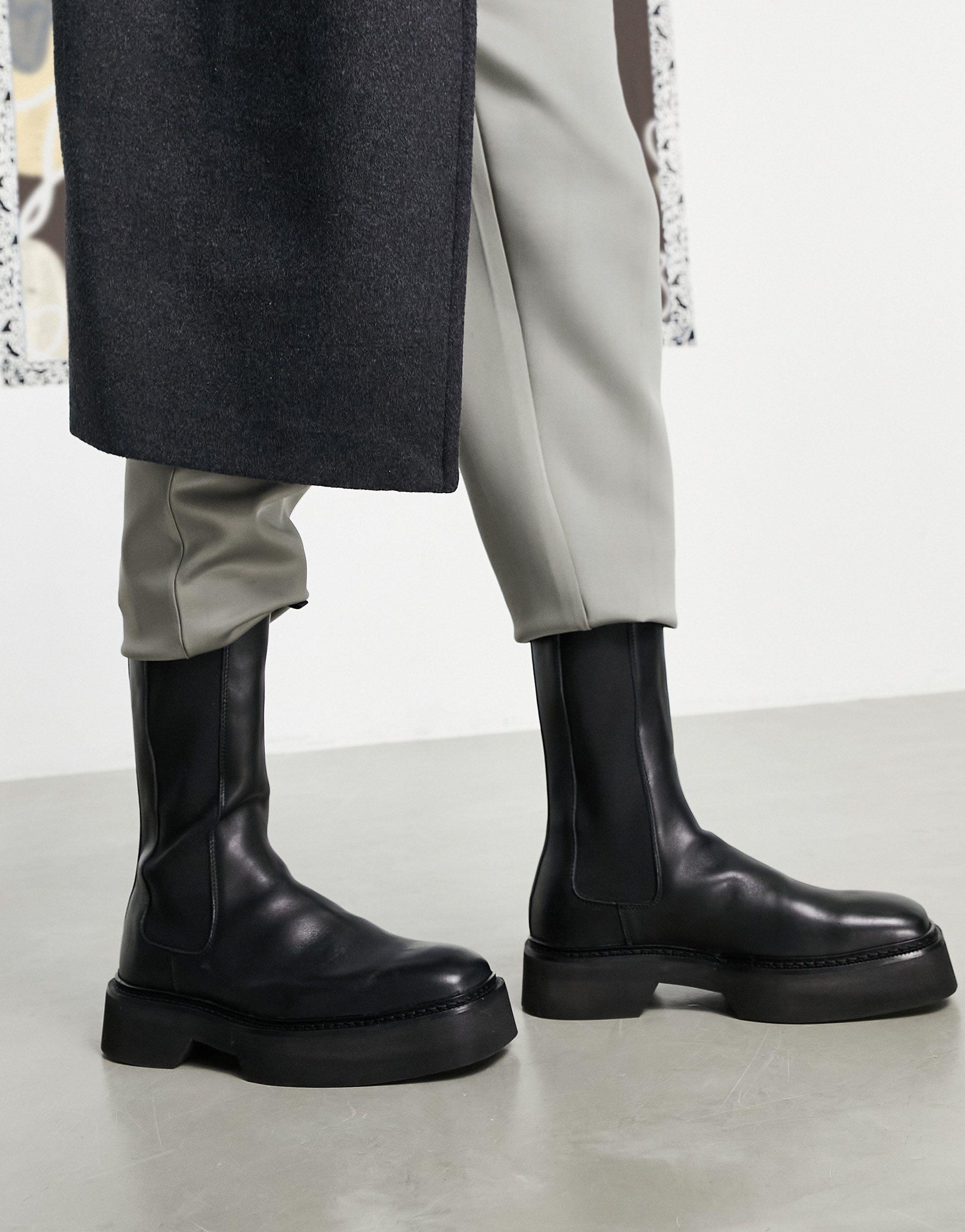 ASOS Leather High Chelsea Calf Boots in Black for Men | Lyst
