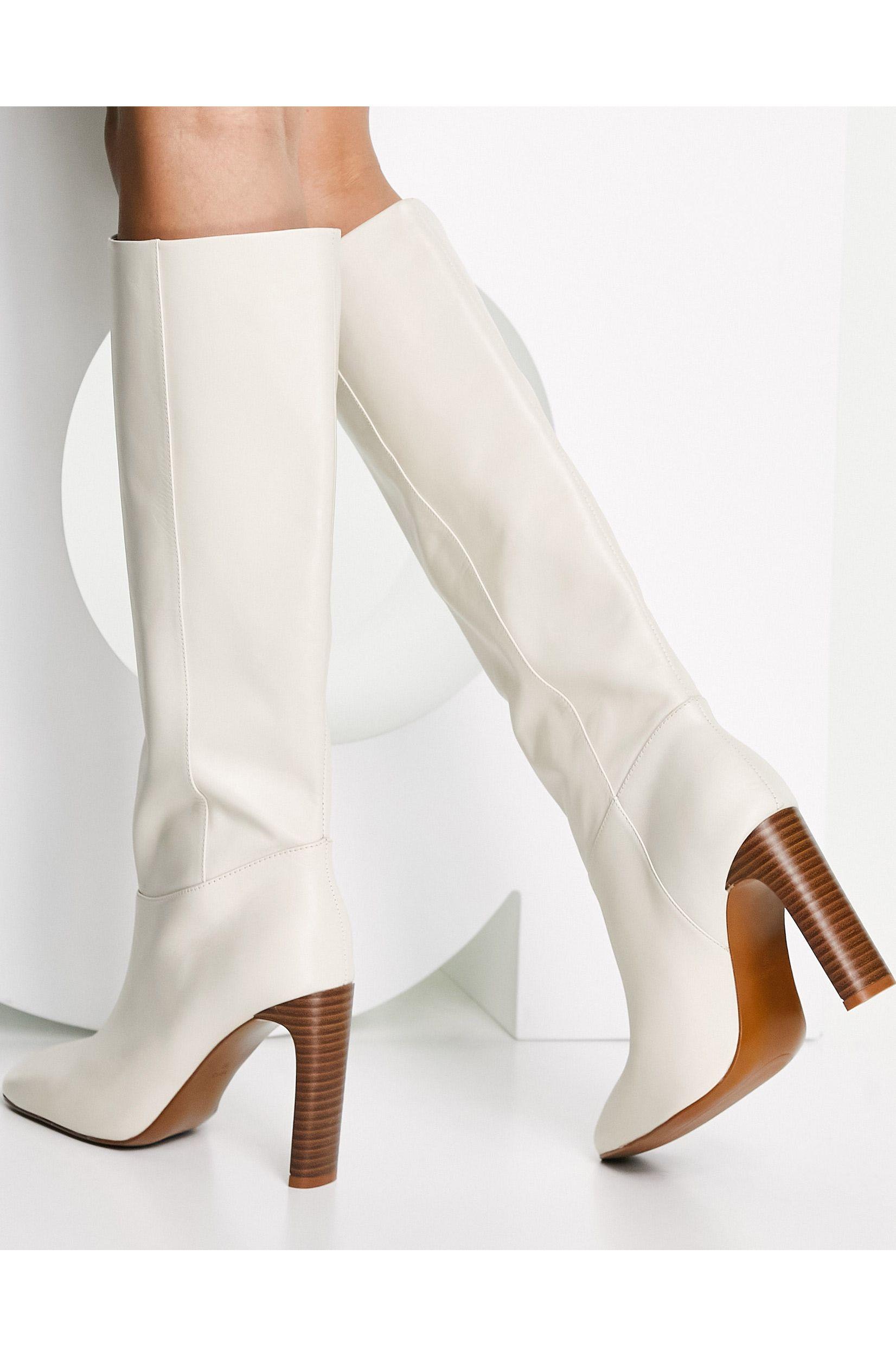 Mango Leather Knee High Heeled Boots in White | Lyst