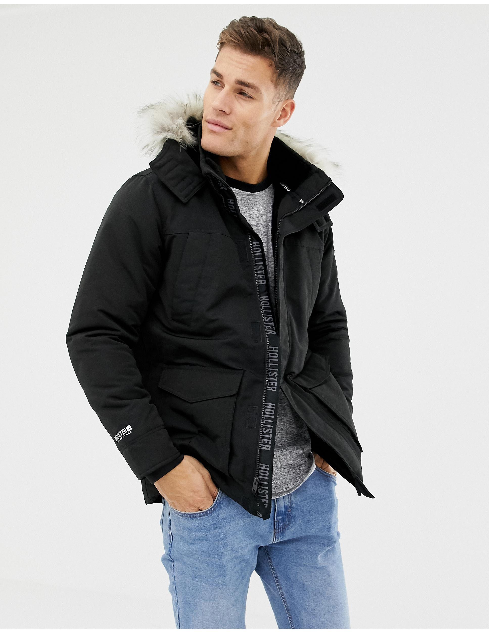 Hollister All Weather Faux Fur Trim & Lining Hooded Parka in Black for Men  | Lyst