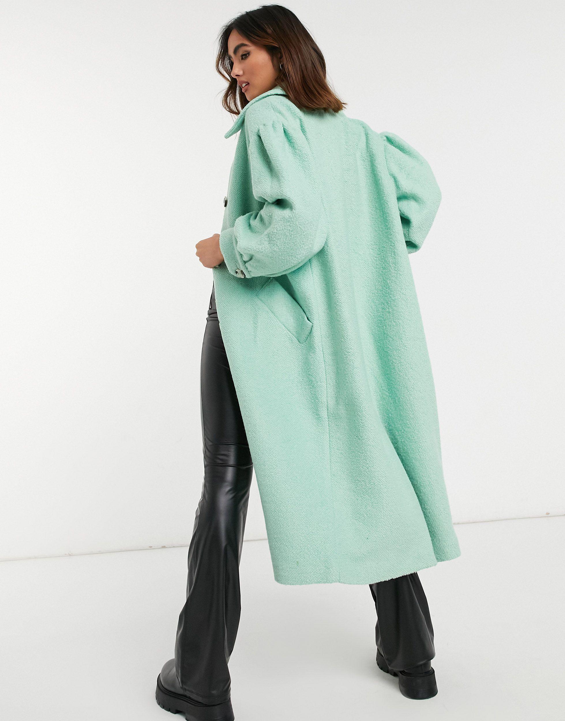 TOPSHOP Synthetic Puff Sleeve Coat in Green - Lyst
