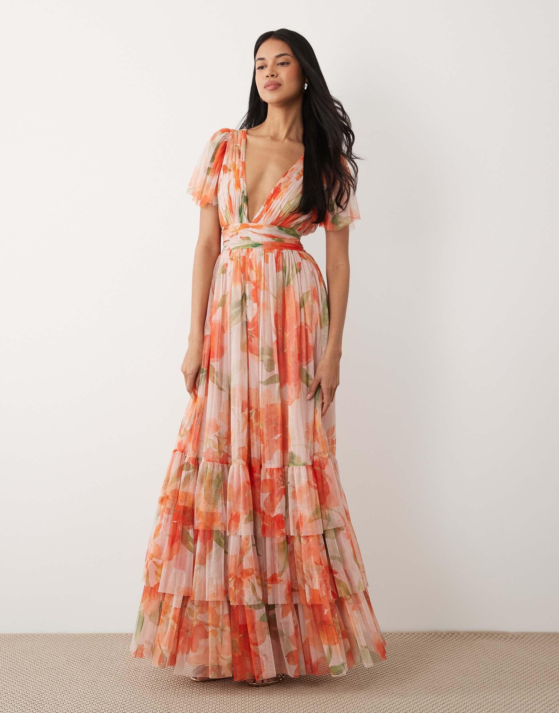 knee length dresses for ladies Lace & Beads Lydia Maxi Red Floral Dress – Love My Apparel
