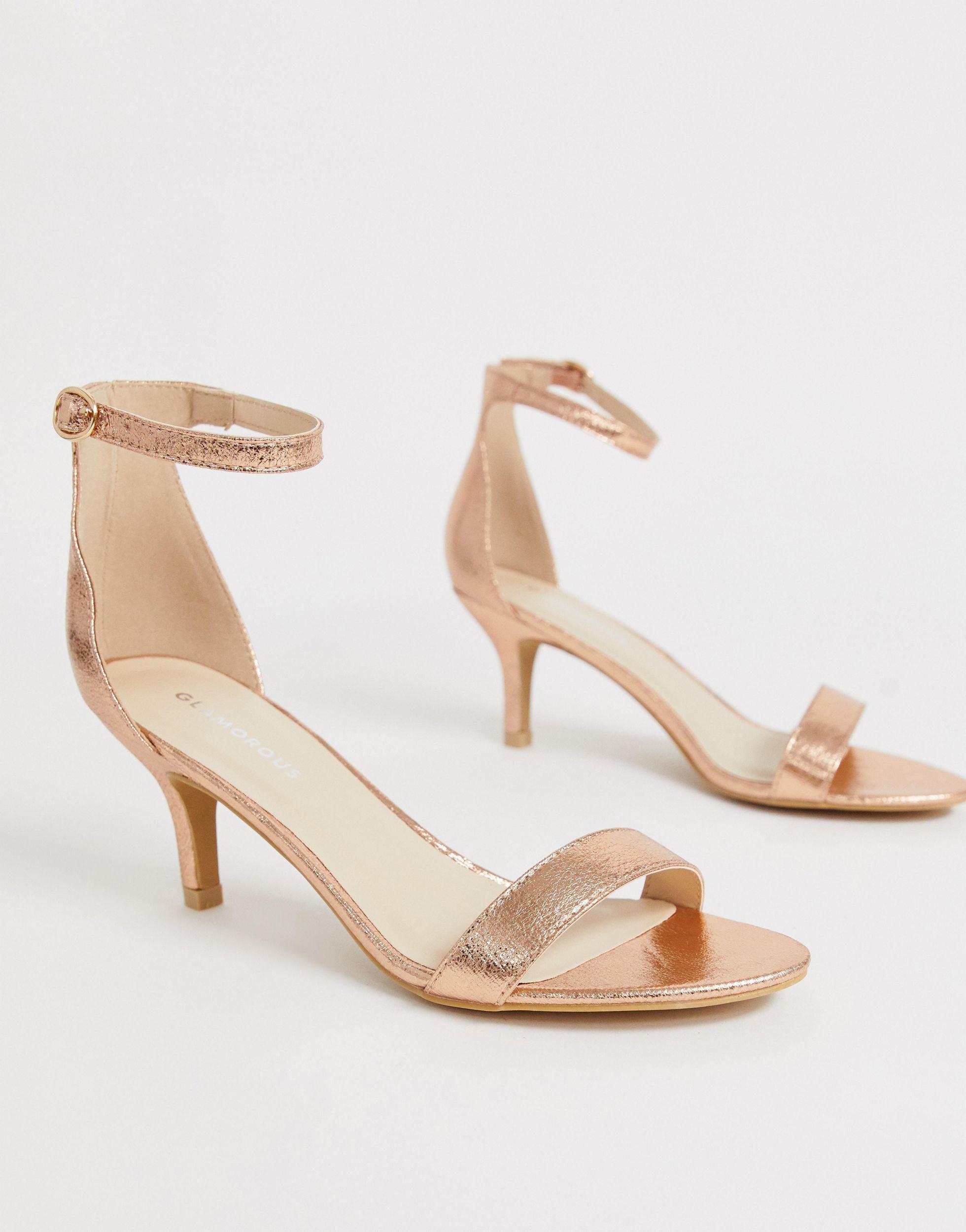 Glamorous Rose Gold Kitten Heel Sandals | Lyst
