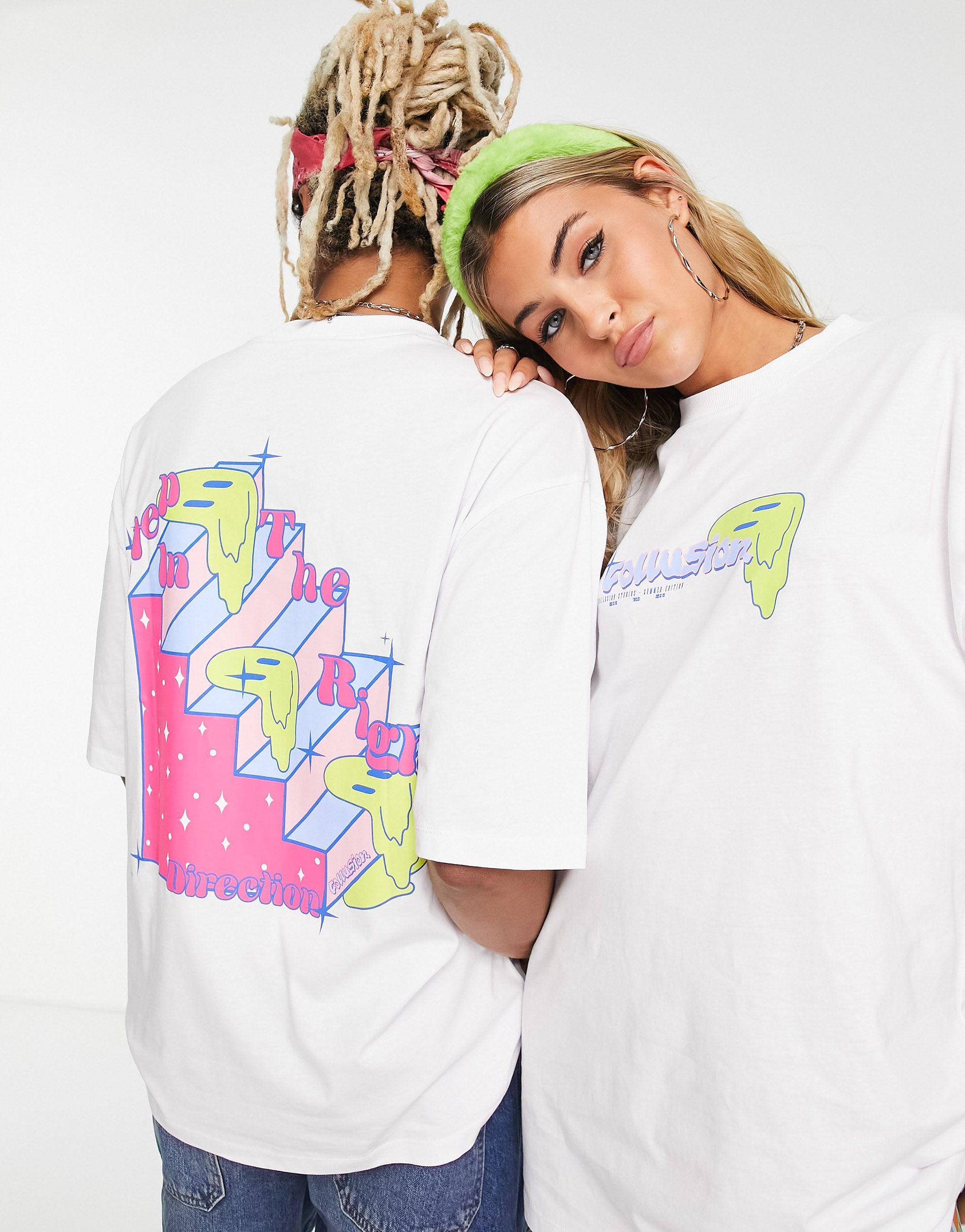 Collusion Unisex Oversized T-shirt With Neon Print in White | Lyst