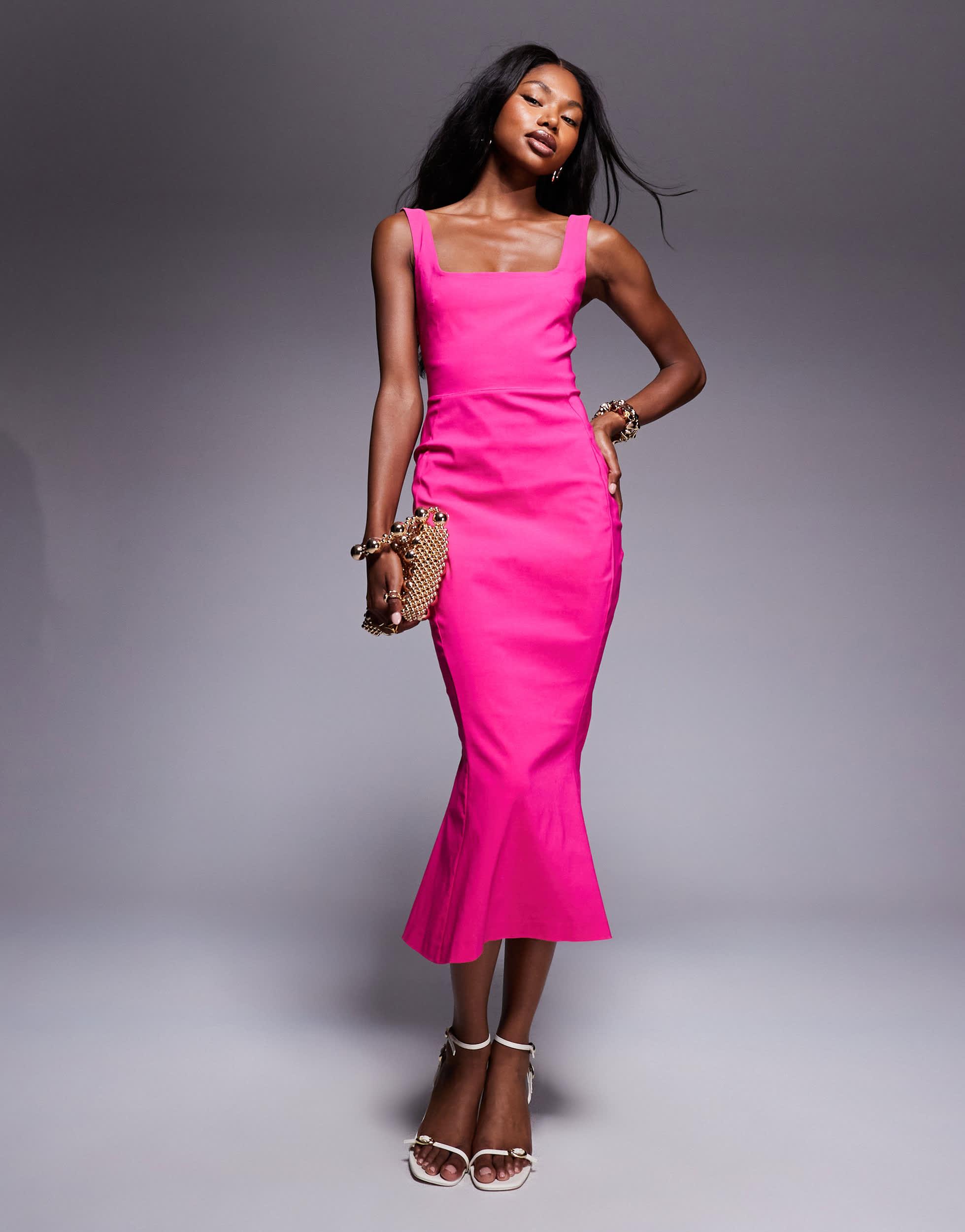 pink vesper dress Vesper Bengaline Sleeveless Square Neck Fishtail Midi Dress in Pink