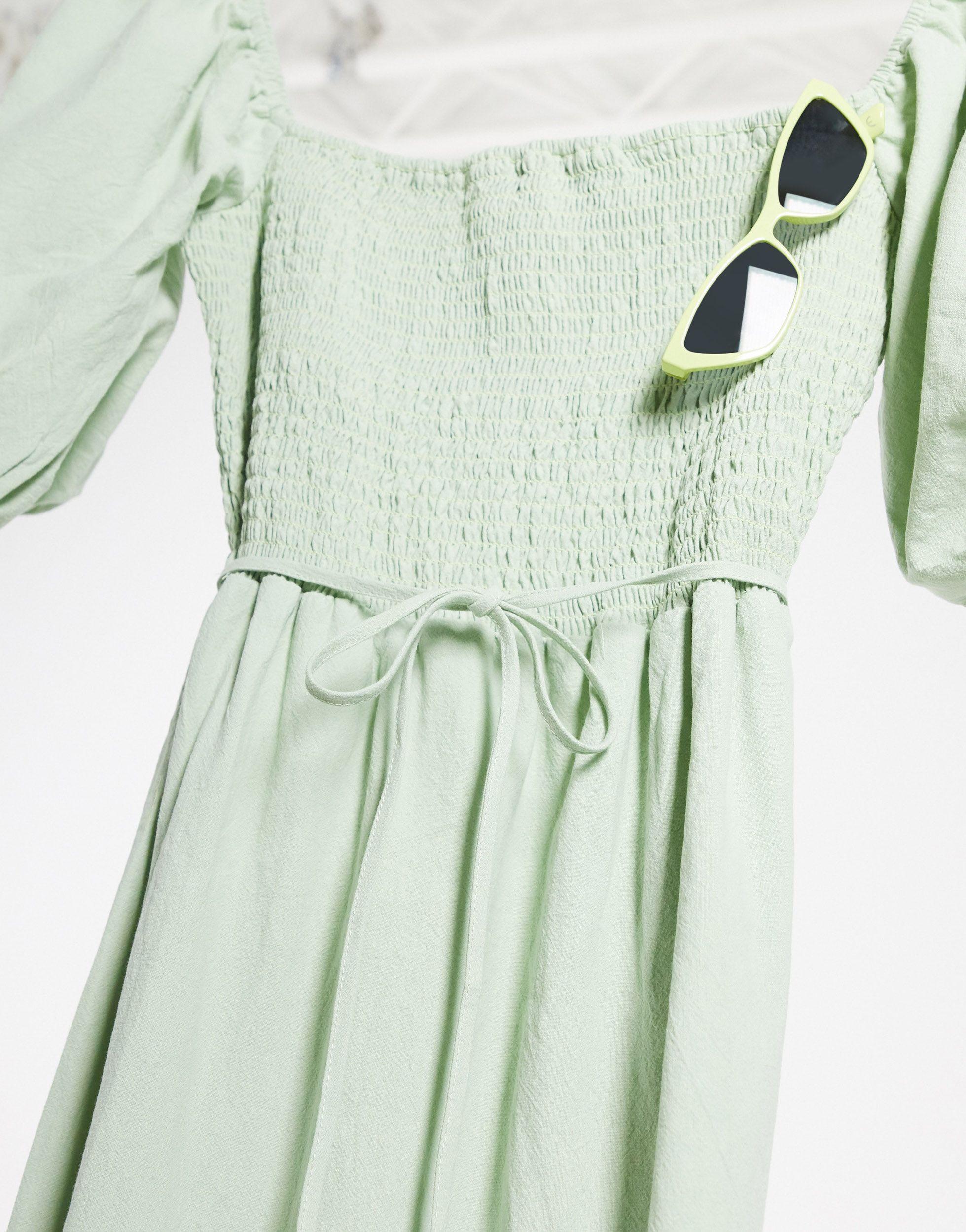 Lola May Sage Smock Maxi Dress With Puff Sleeves in Green | Lyst