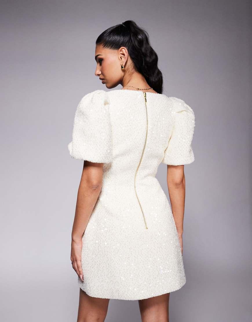 lavish alice white sequin dress Lavish Alice HARLEEN Draped Bardot Sequin Boucle Midi Dress in Beige