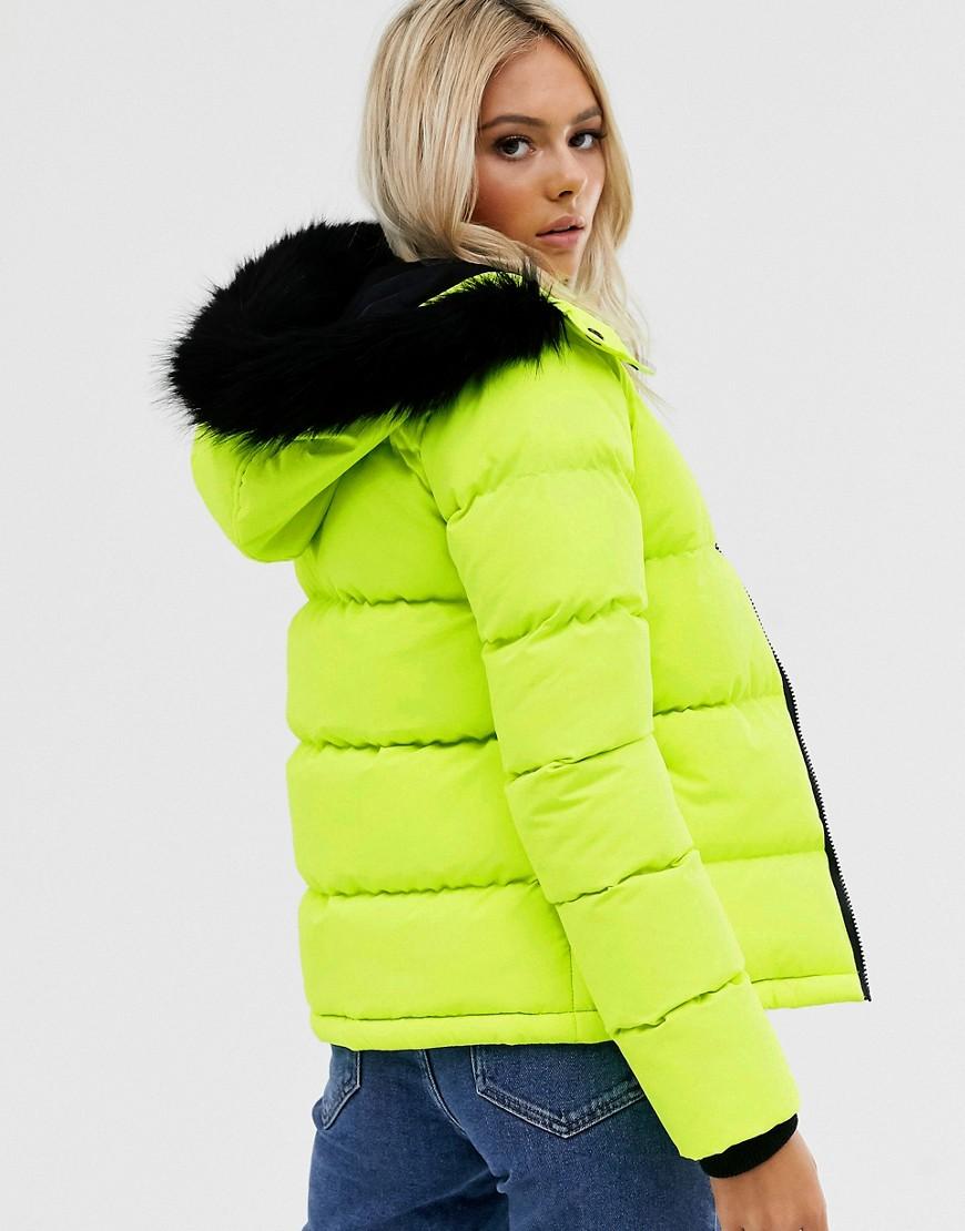 Brave Soul Synthetic Azelia Neon Puffer Jacket With Hood in Yellow | Lyst