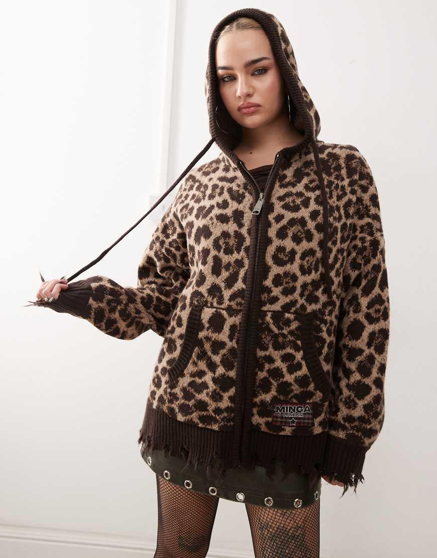 Minga London Distressed Oversized Print Zip Up Cardigan-multi in