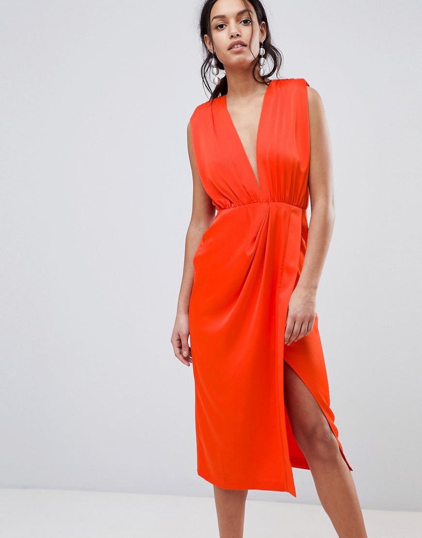 ASOS Satin Shoulder Pad Sleeveless Midi Dress in Red - Lyst
