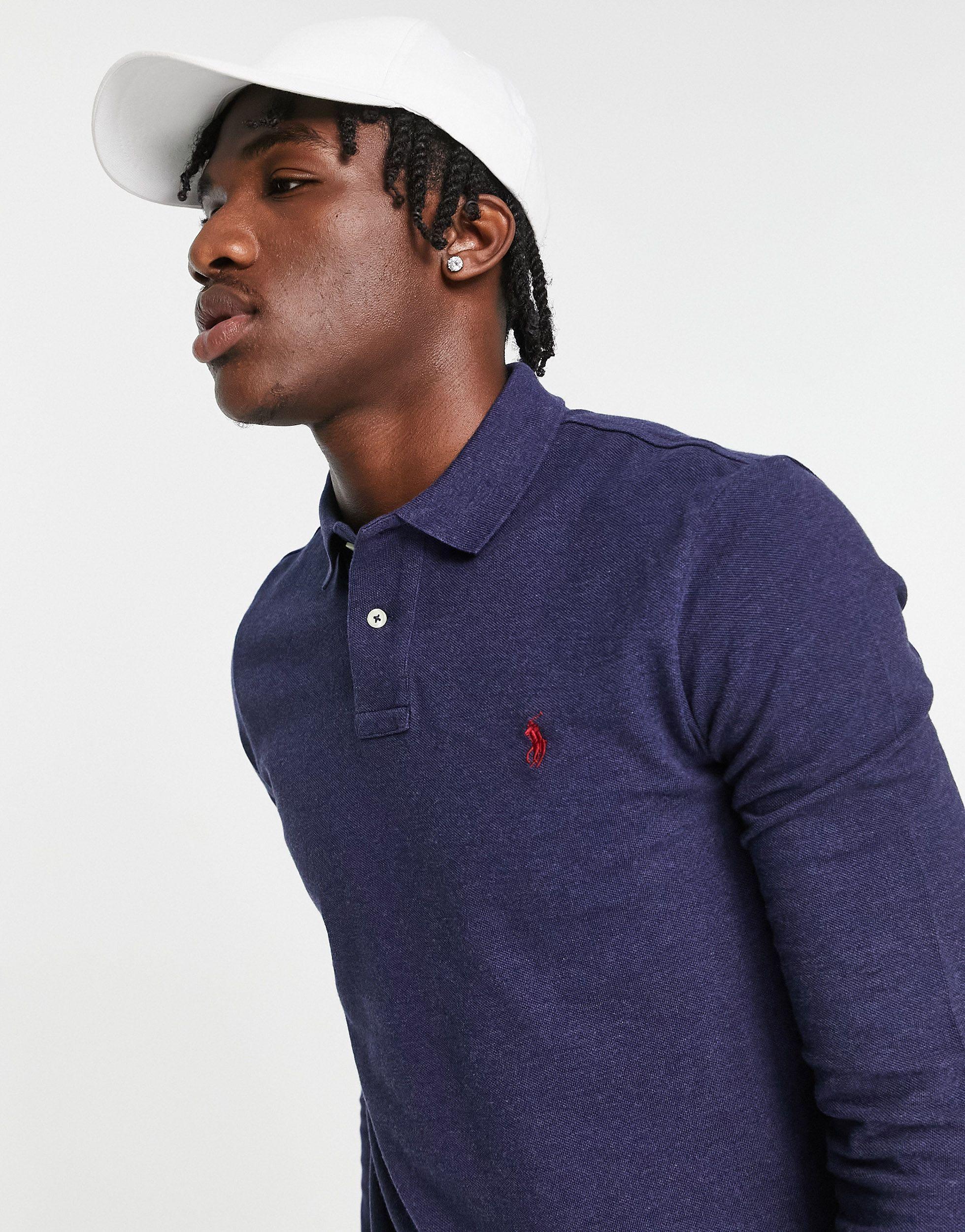 Polo Ralph Lauren Cotton Icon Logo Slim Fit Long Sleeve Pique Polo in Navy  (Blue) for Men | Lyst