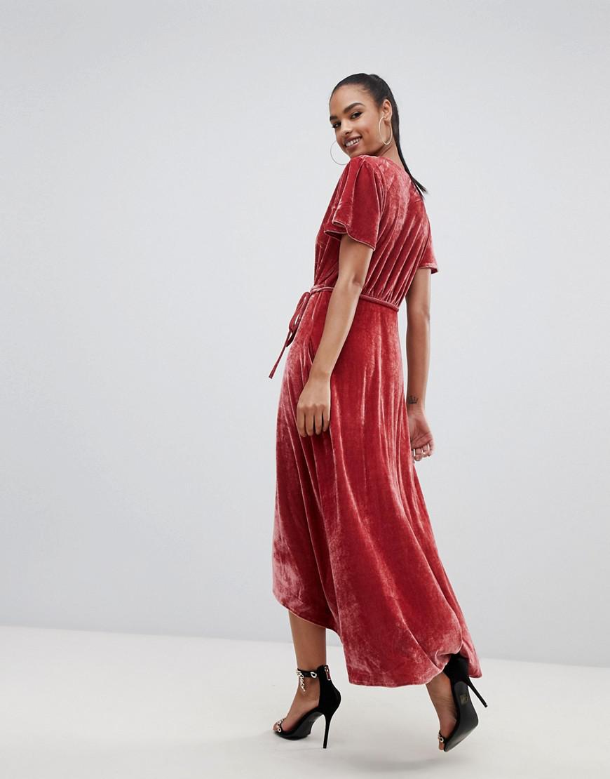 prettylittlething velvet wrap midi dress in pink