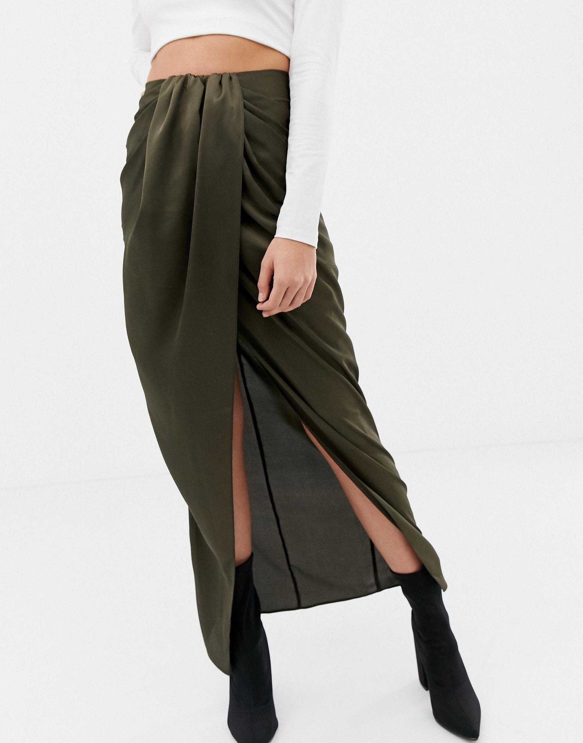 ASOS Satin Twist Front Maxi Skirt in Green - Lyst