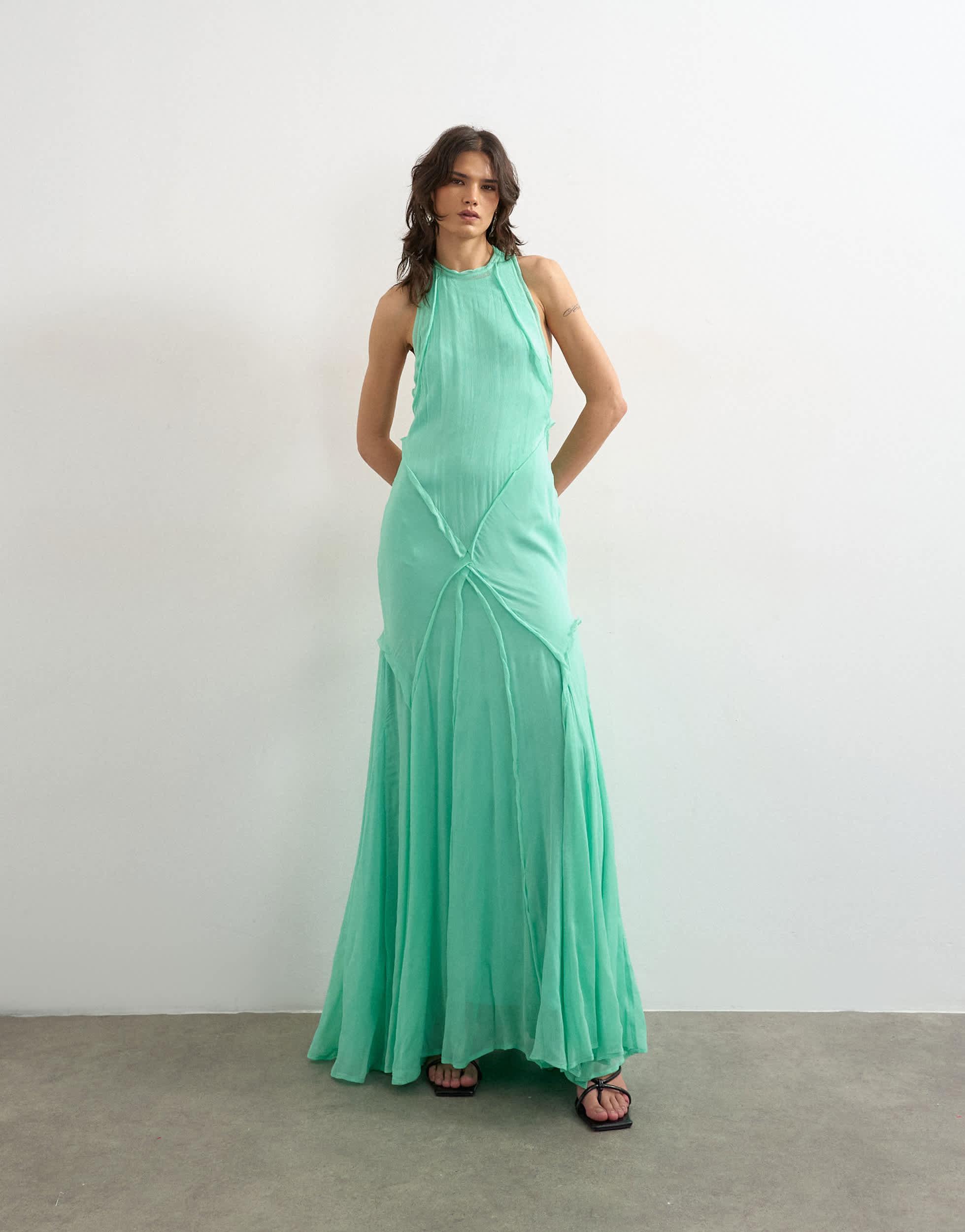 TOPSHOP Premium Viscose High Neck Open Back Maxi Dress in Green