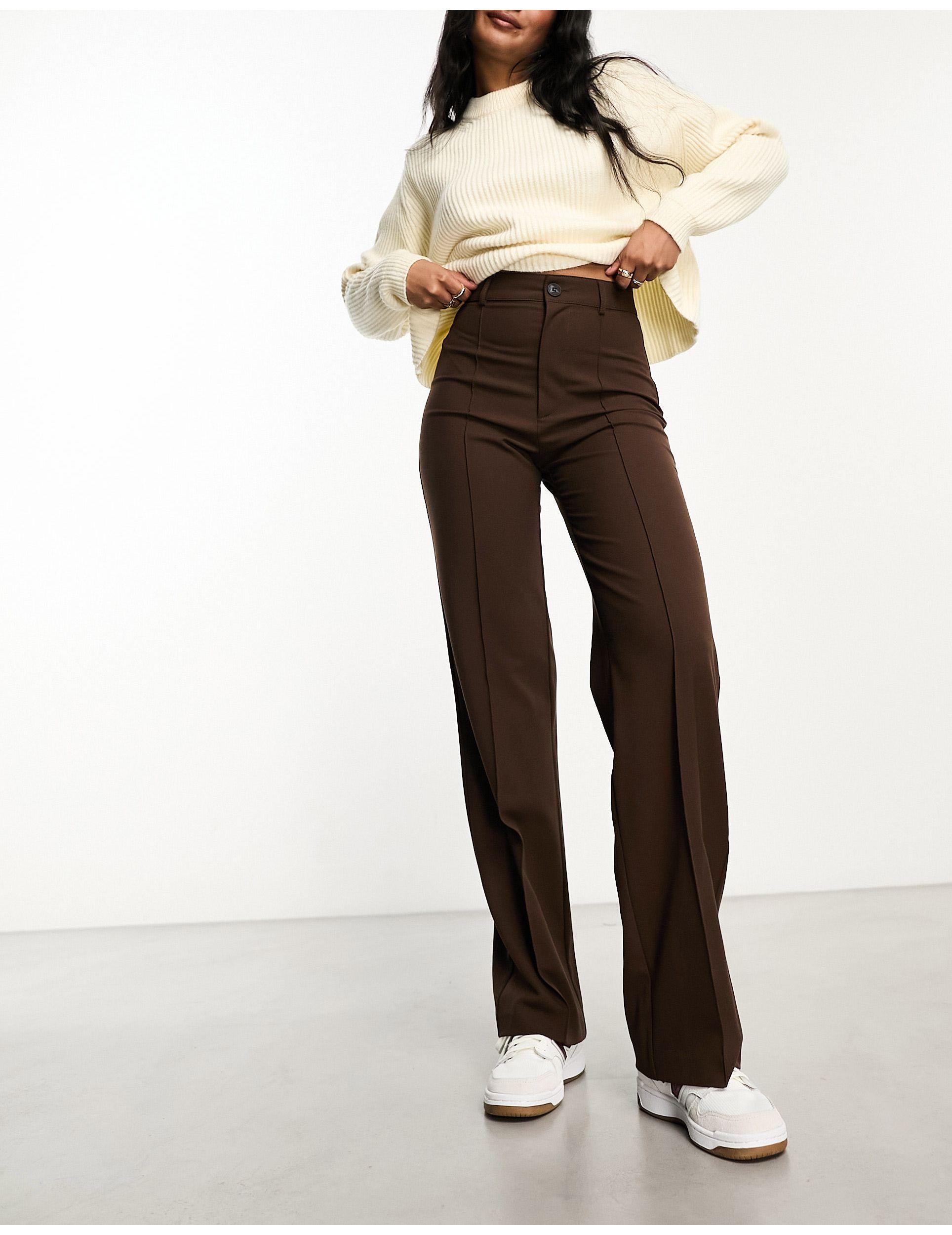 Pull&Bear High Waisted Tailored Straight Leg Trouser With Front Seam in  Brown