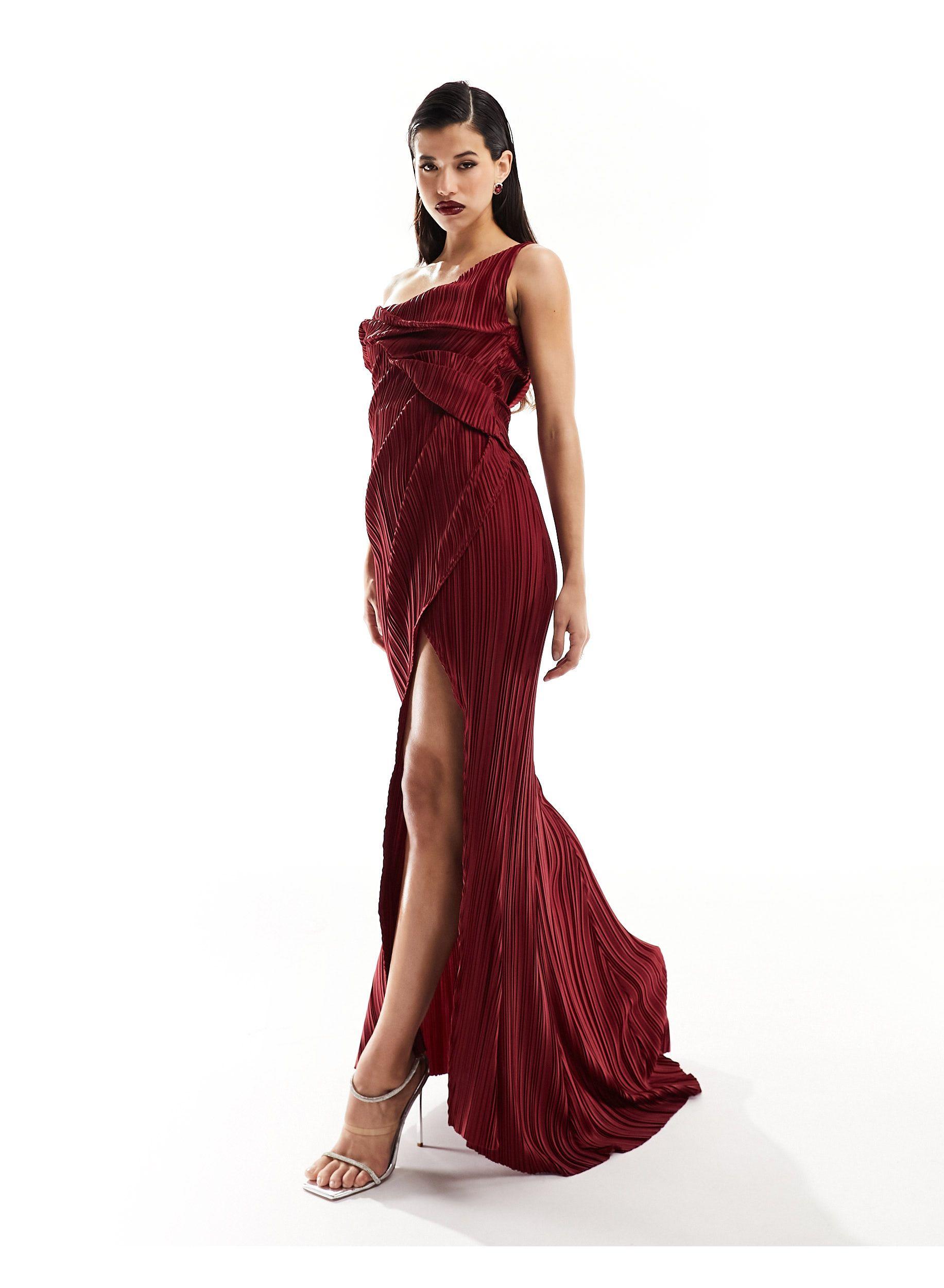 ASOS Plisse One Shoulder Premium Drape Maxi Dress With Super High Split in  Red