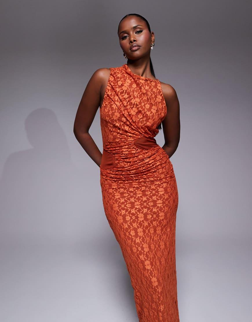 asos orange pleated dress ASOS DESIGN plisse long sleeve drape detail maxi dress in burnt orange