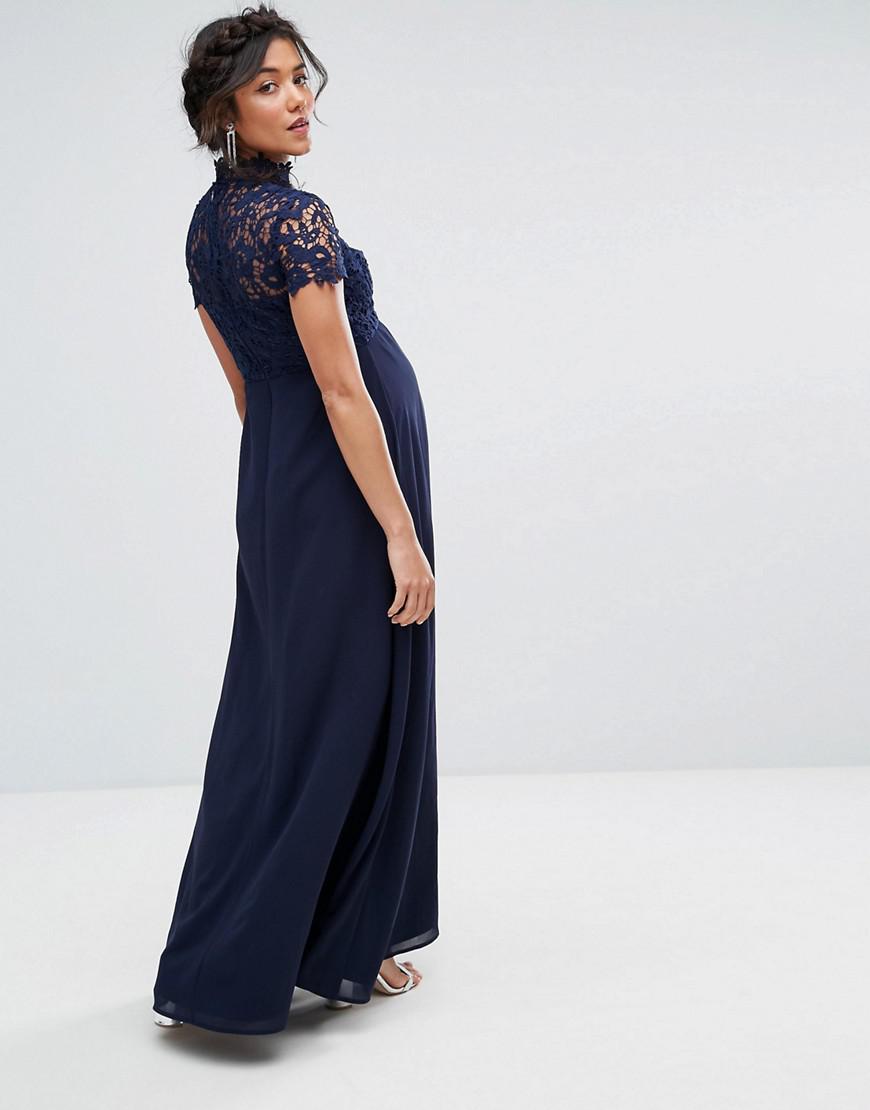 Chi Chi London Maternity 2 In 1 High Neck Maxi Dress With Crochet Lace in  Blue | Lyst