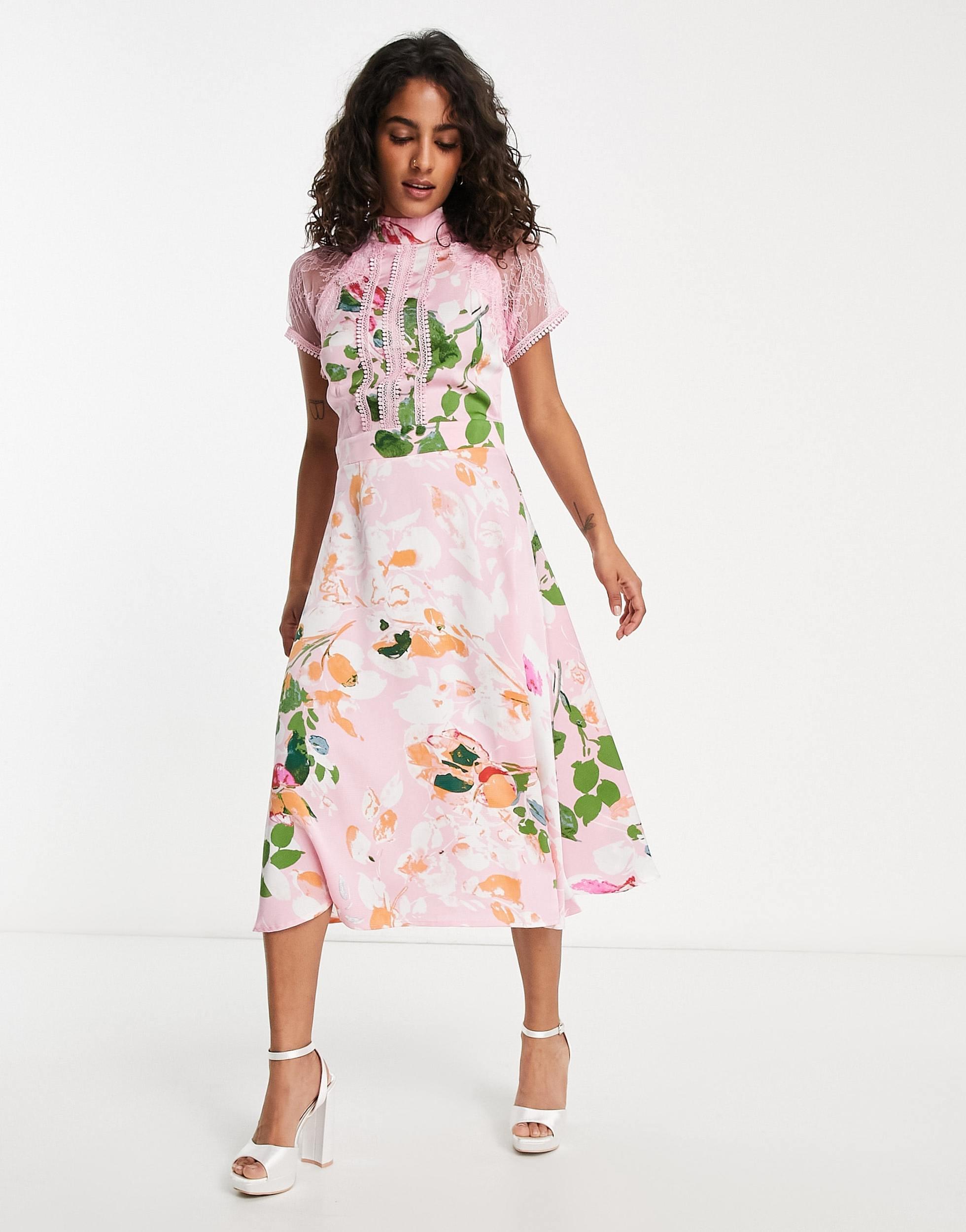 knee length dresses for ladies Mint Floral Print Lace Trim Corset Style Midi Dress main image 1