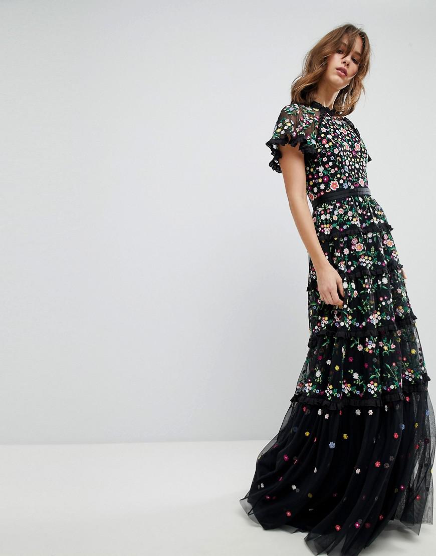 Needle & Thread Embroidered Floral Gown With High Neck And Tiered Skirt in  Black | Lyst