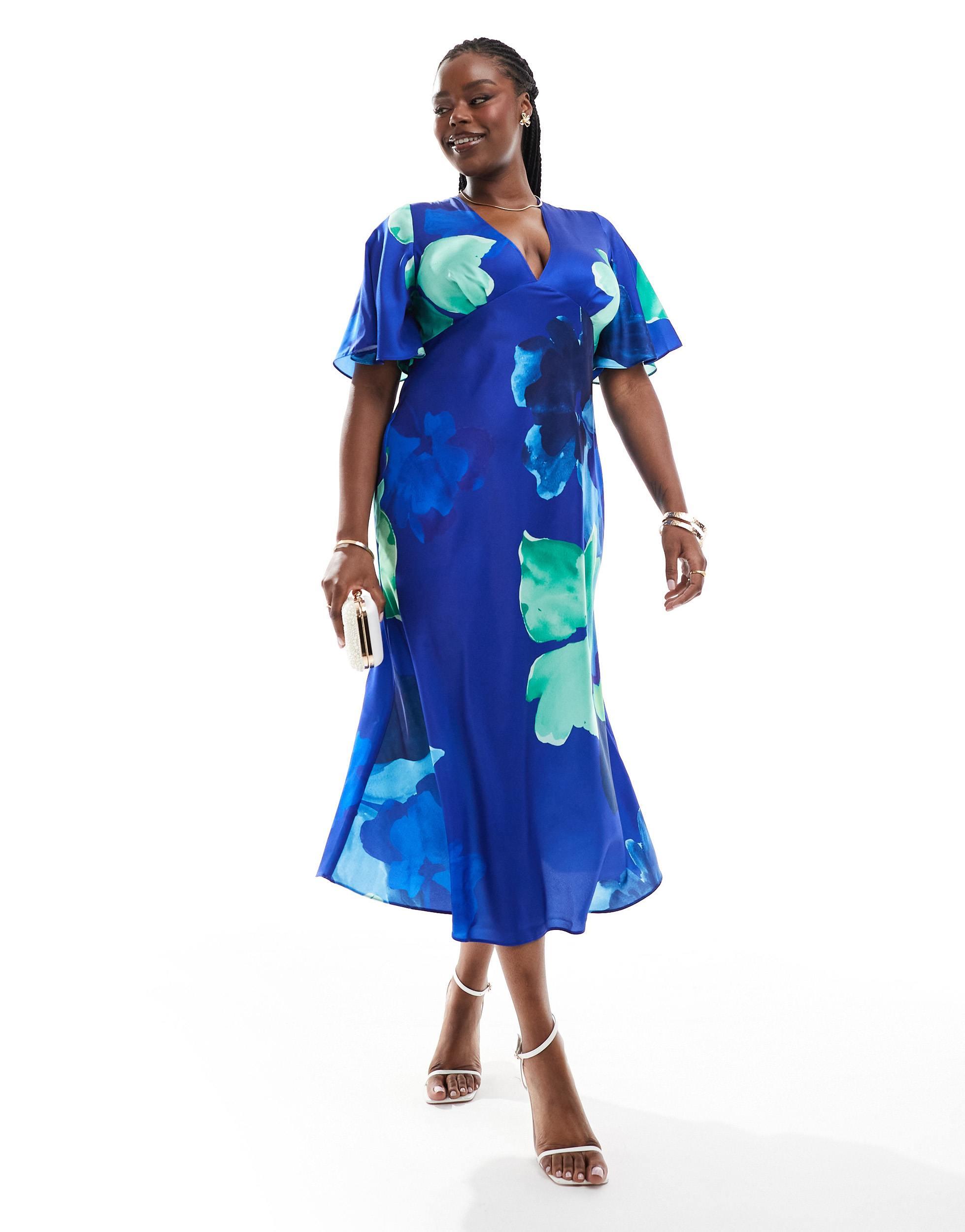 ASOS Asos Design Curve Satin Flutter Sleeve Midi Dress in Blue Lyst Canada