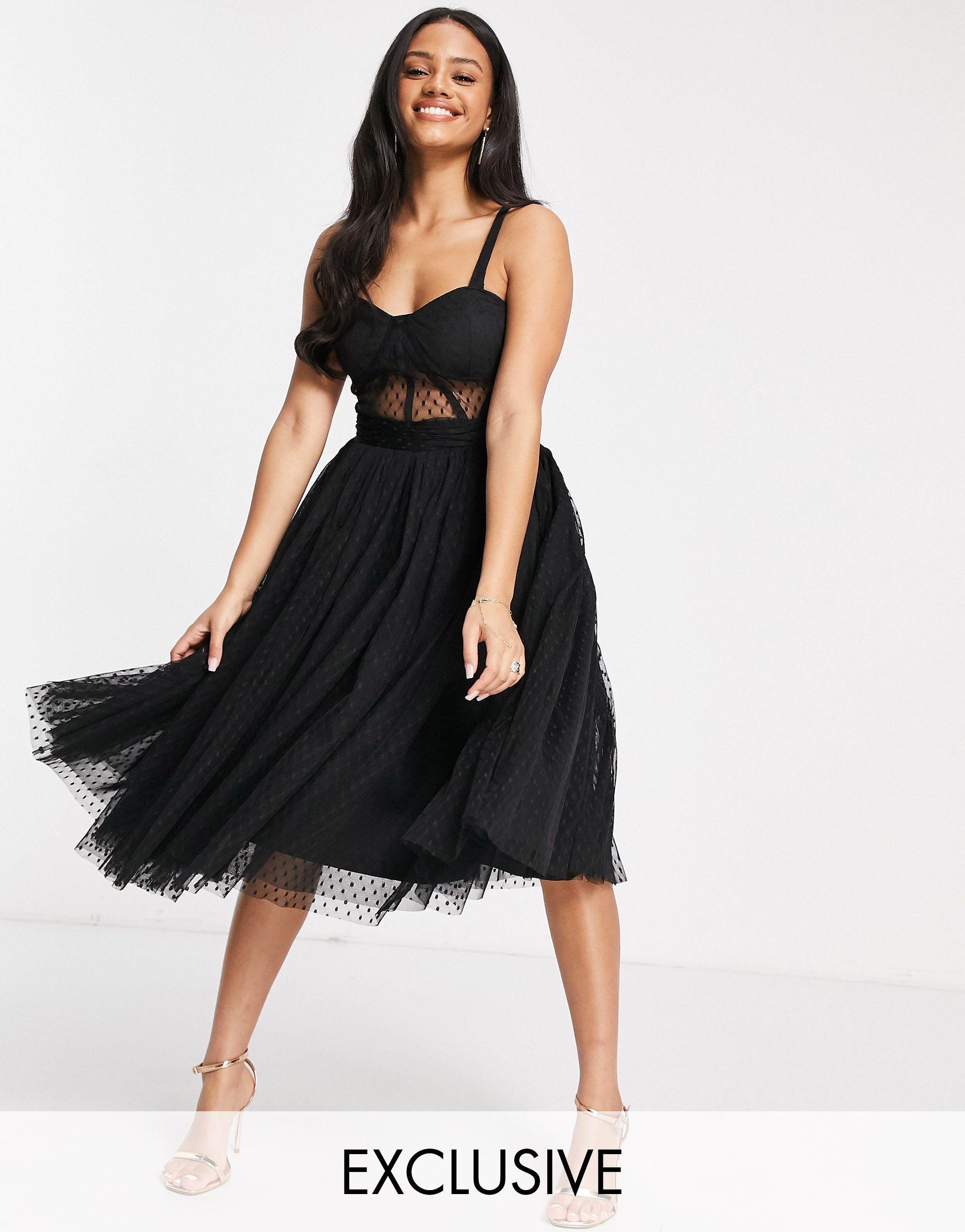 LACE & BEADS Exclusive Prom Midi Dress With Mesh Corset Waist Detail in  Black | Lyst