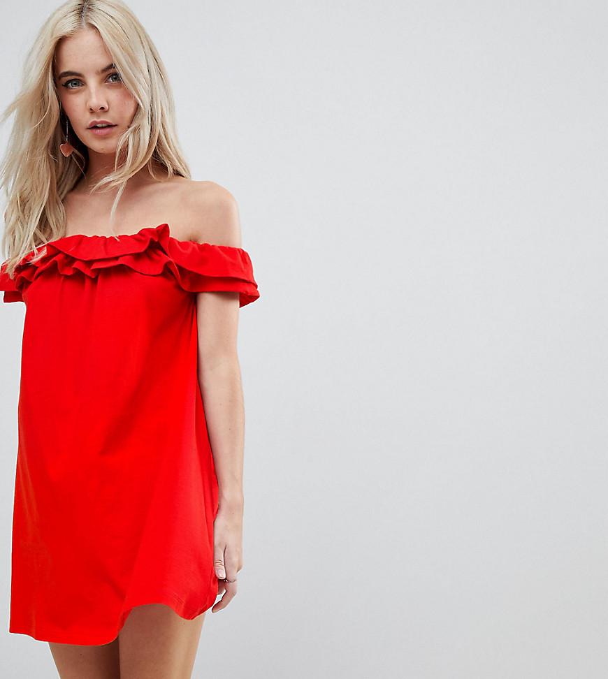 ASOS Denim Off Shoulder Sundress With Double Ruffle in Red - Lyst
