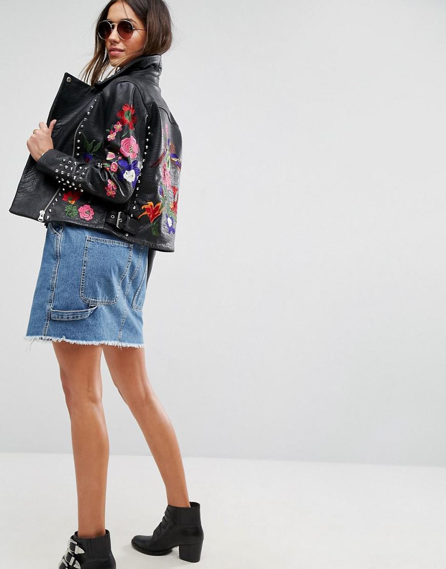 ASOS Premium Leather Biker Jacket With Floral Embroidery And Stud Detail in  Black | Lyst