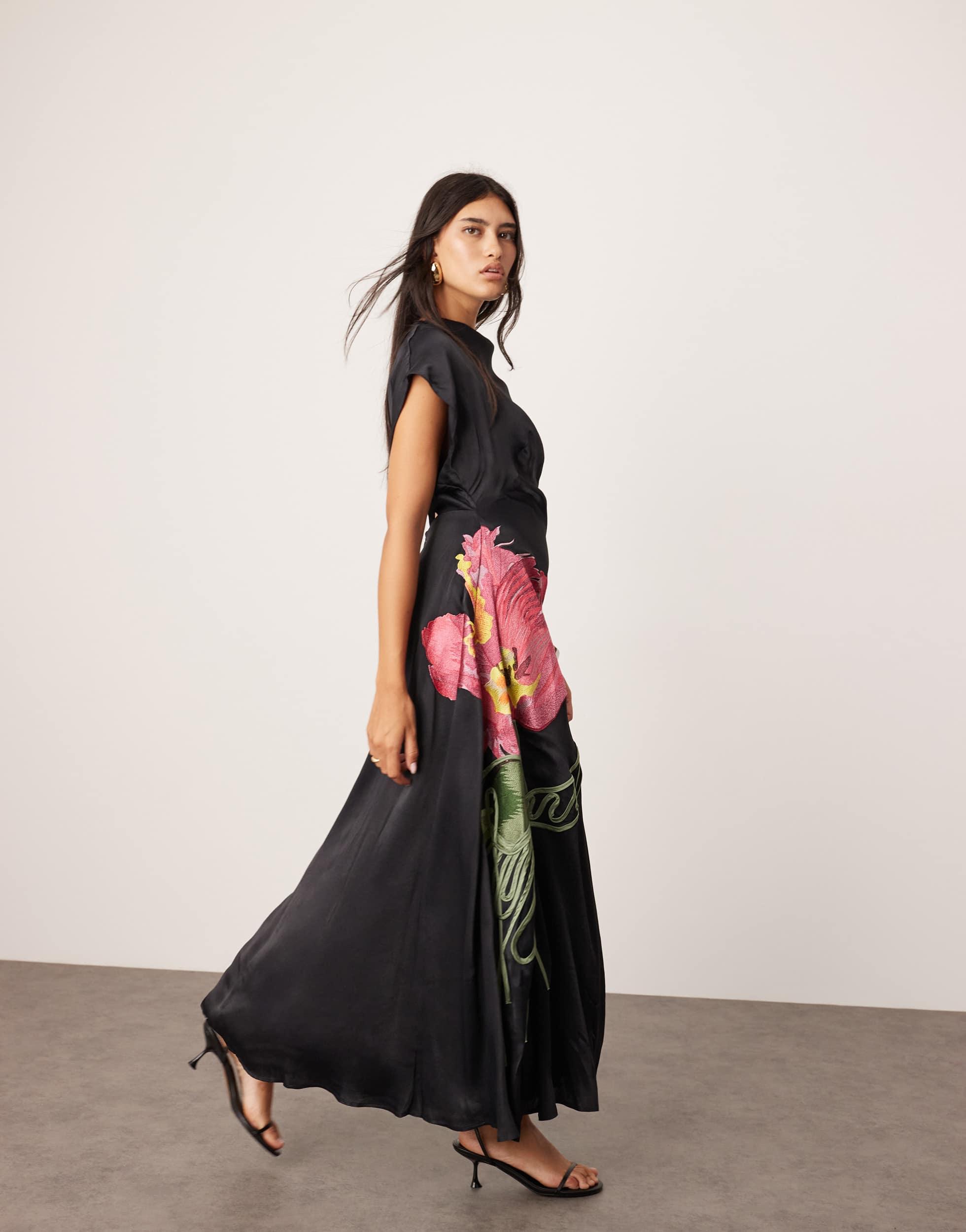 black high neck asymmetric embroidered trim maxi dress Asymmetric Neckline Ruched Cut Out Maxi Dress in Black - 14