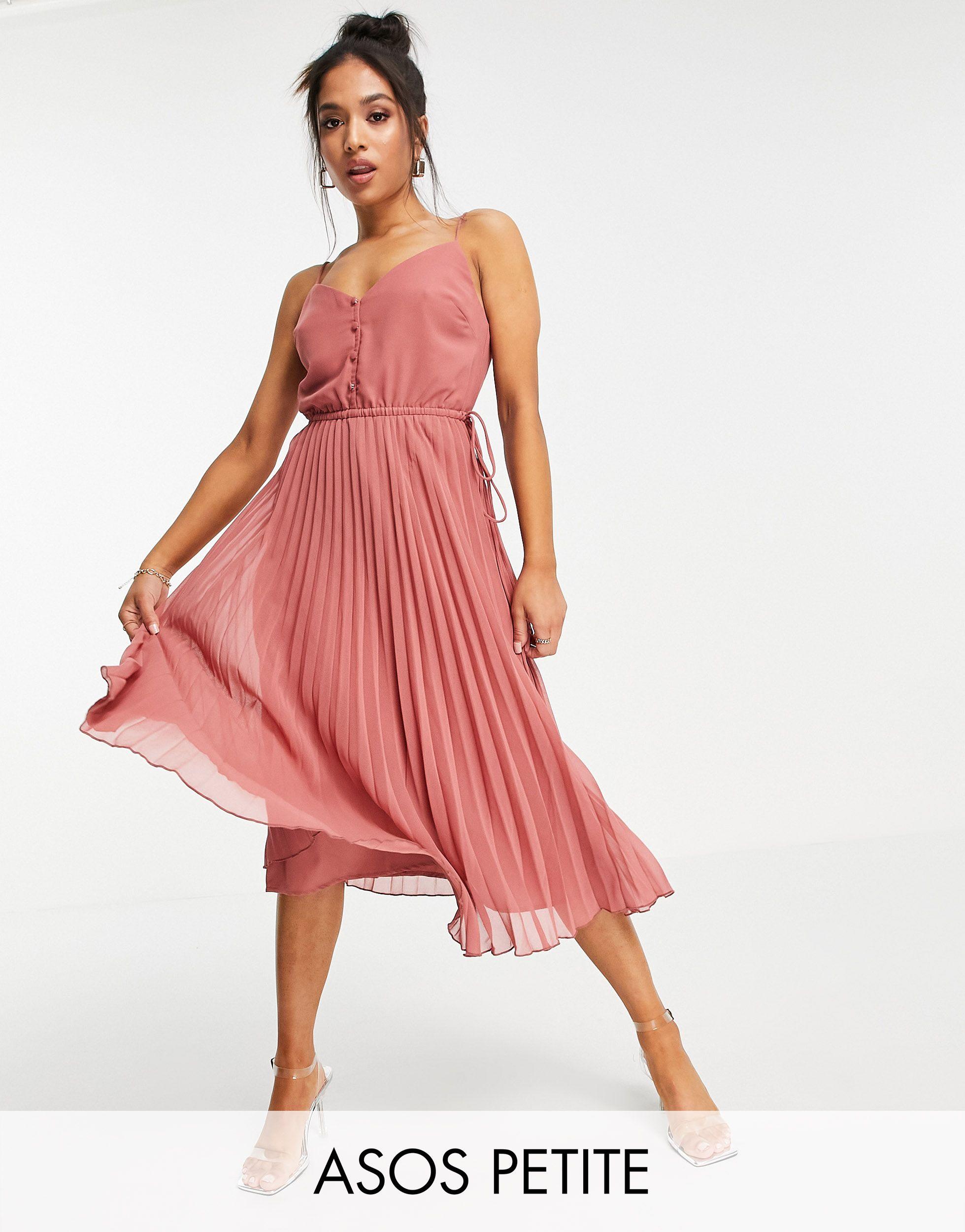 ASOS Asos Design Petite Button Front Pleated Cami Midi Dress With  Drawstring Waist in Pink | Lyst