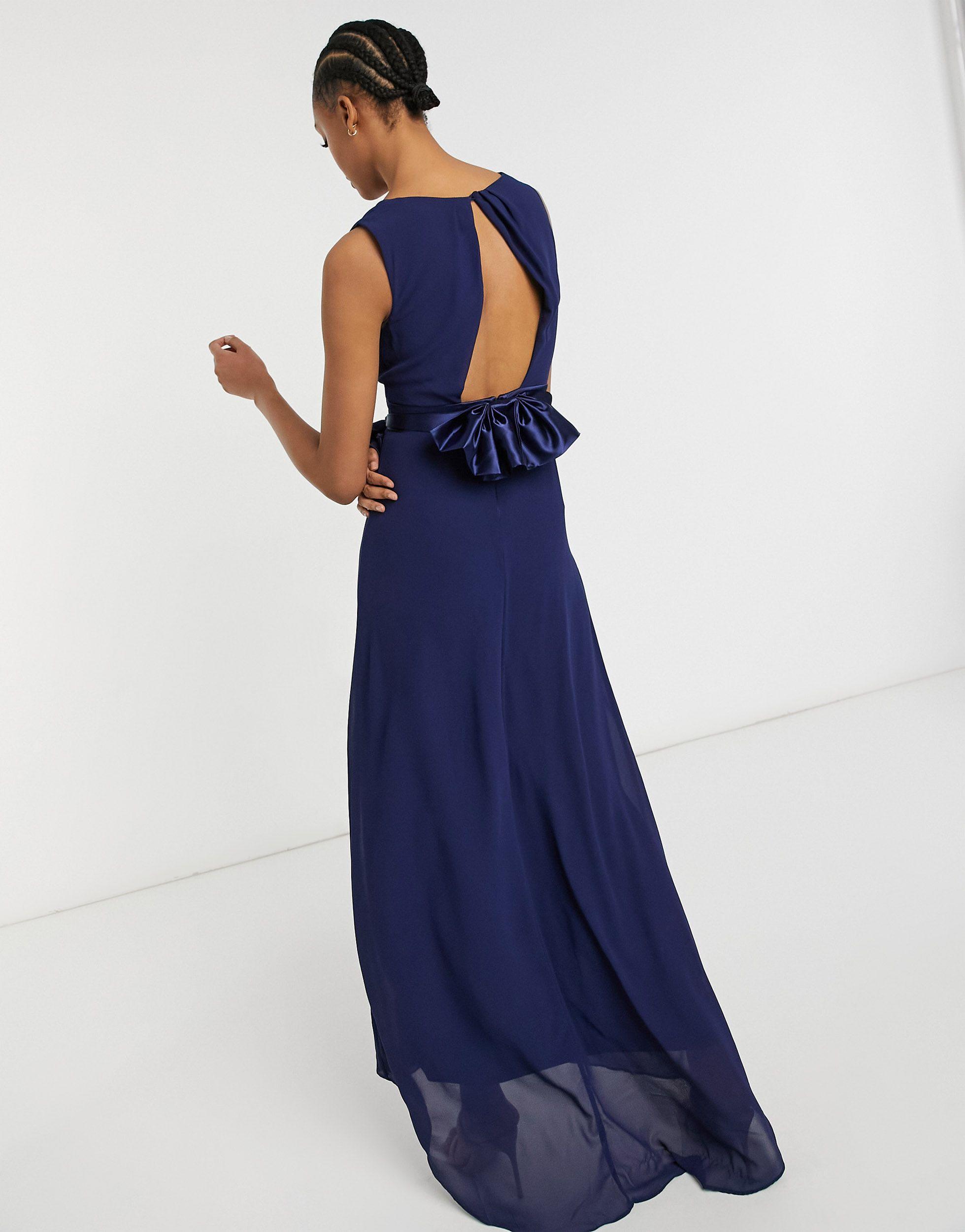 TFNC London Bridesmaid Plunge Front Bow Back Maxi Dress in Navy (Blue) -  Lyst