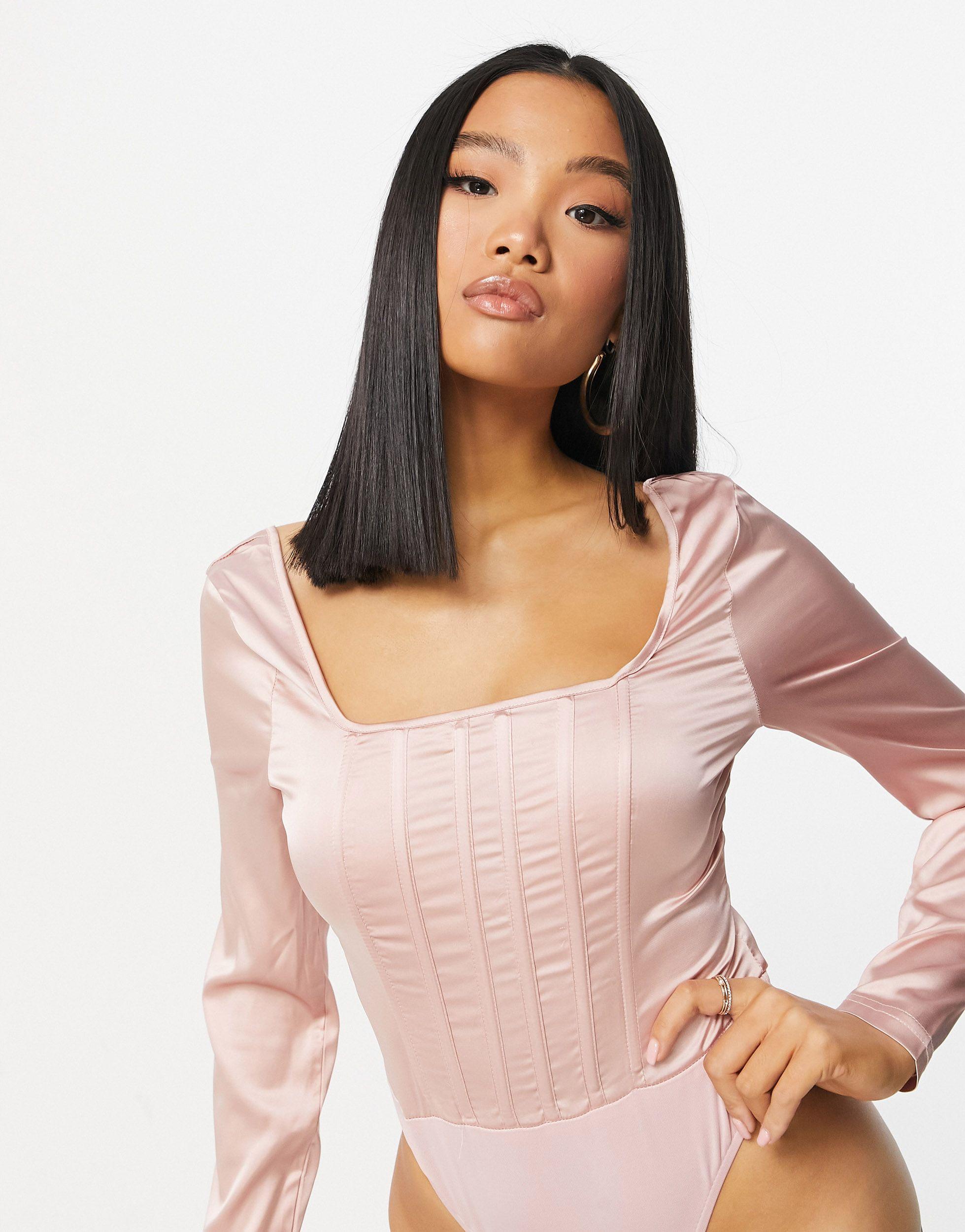 Missguided Long Sleeve Satin Corset Detail Bodysuit in Pink | Lyst