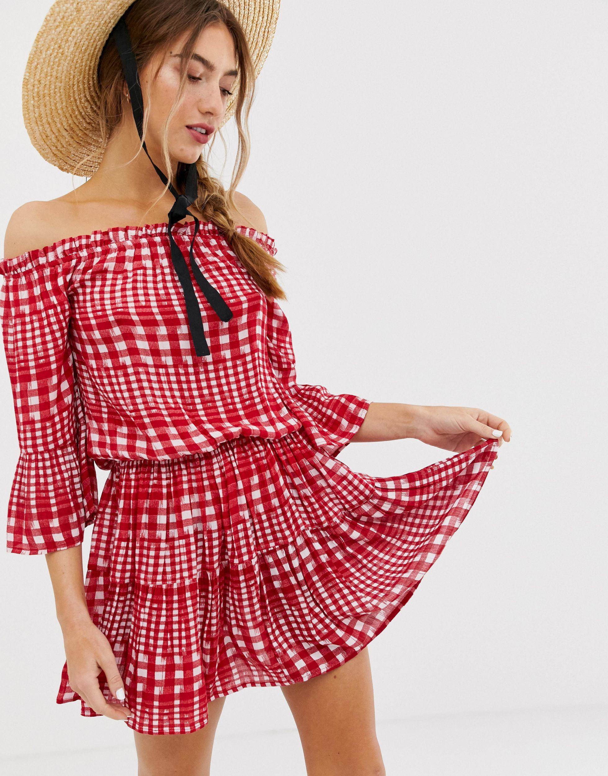 ASOS Synthetic Off Shoulder Tiered Mini Sundress In Gingham - Lyst