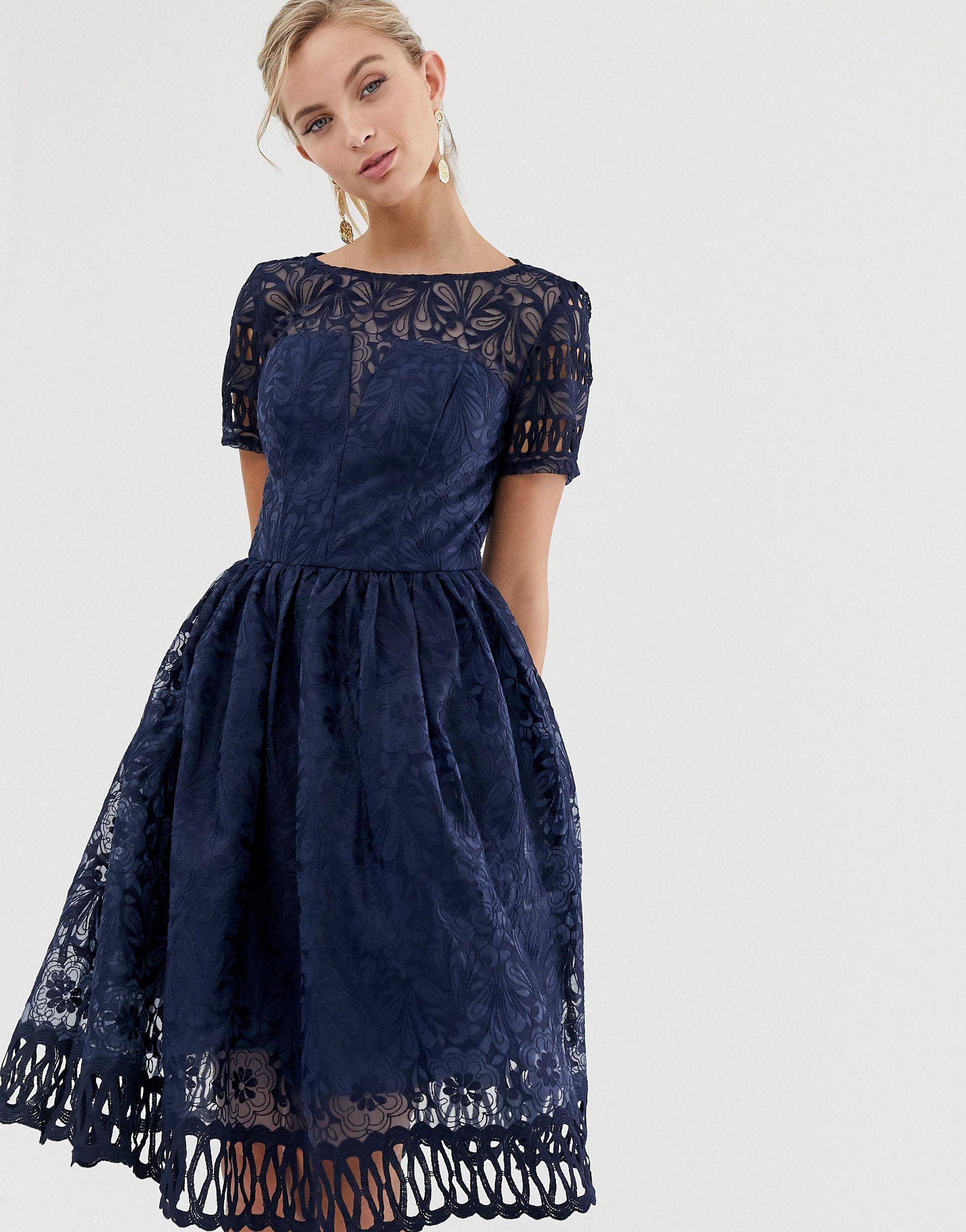 Chi Chi London Premium Lace Dress With Cutwork Detail And Cap Sleeve in  Blue | Lyst
