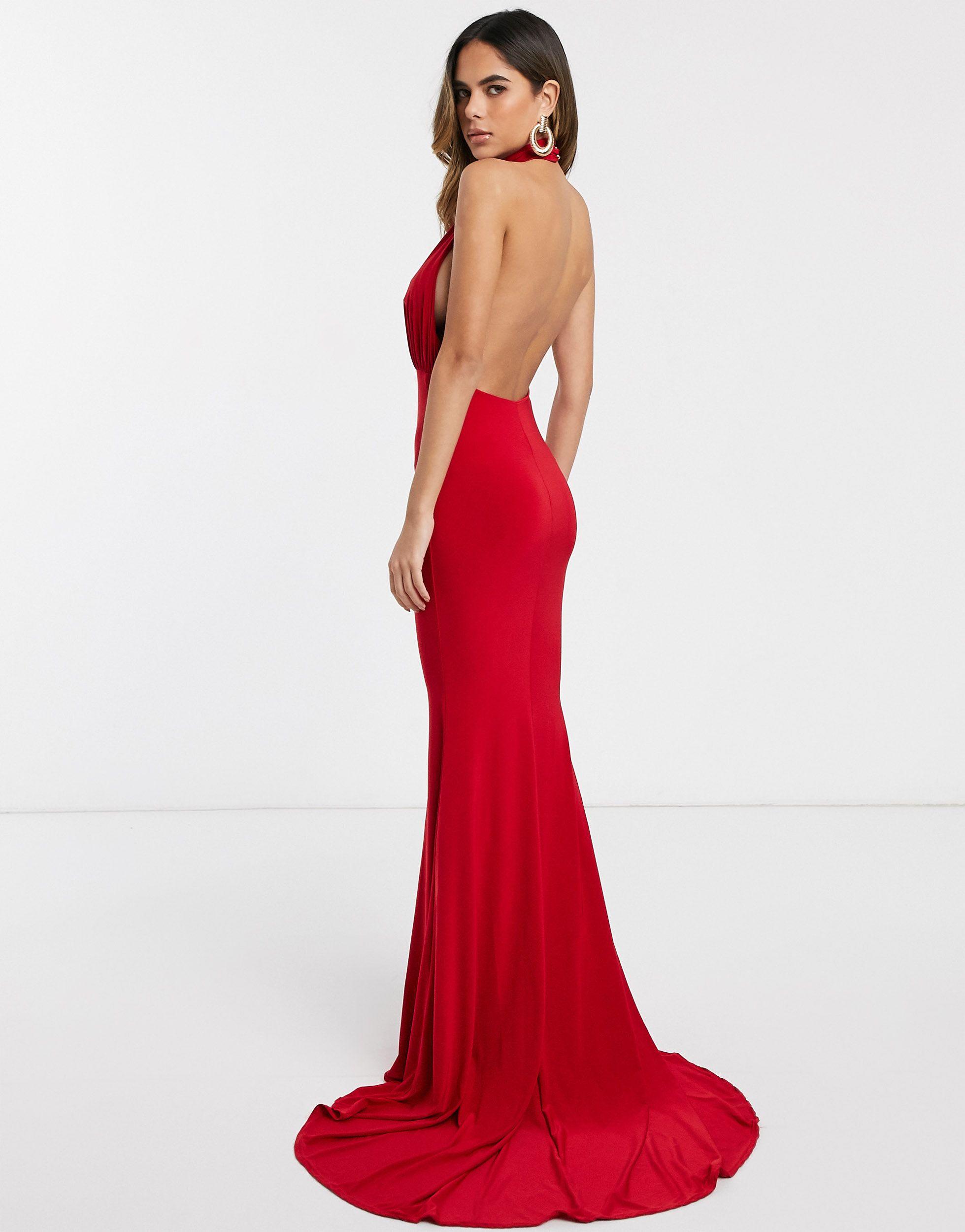 Club L London Backless Halterneck Fishtail Maxi Dress in Red | Lyst