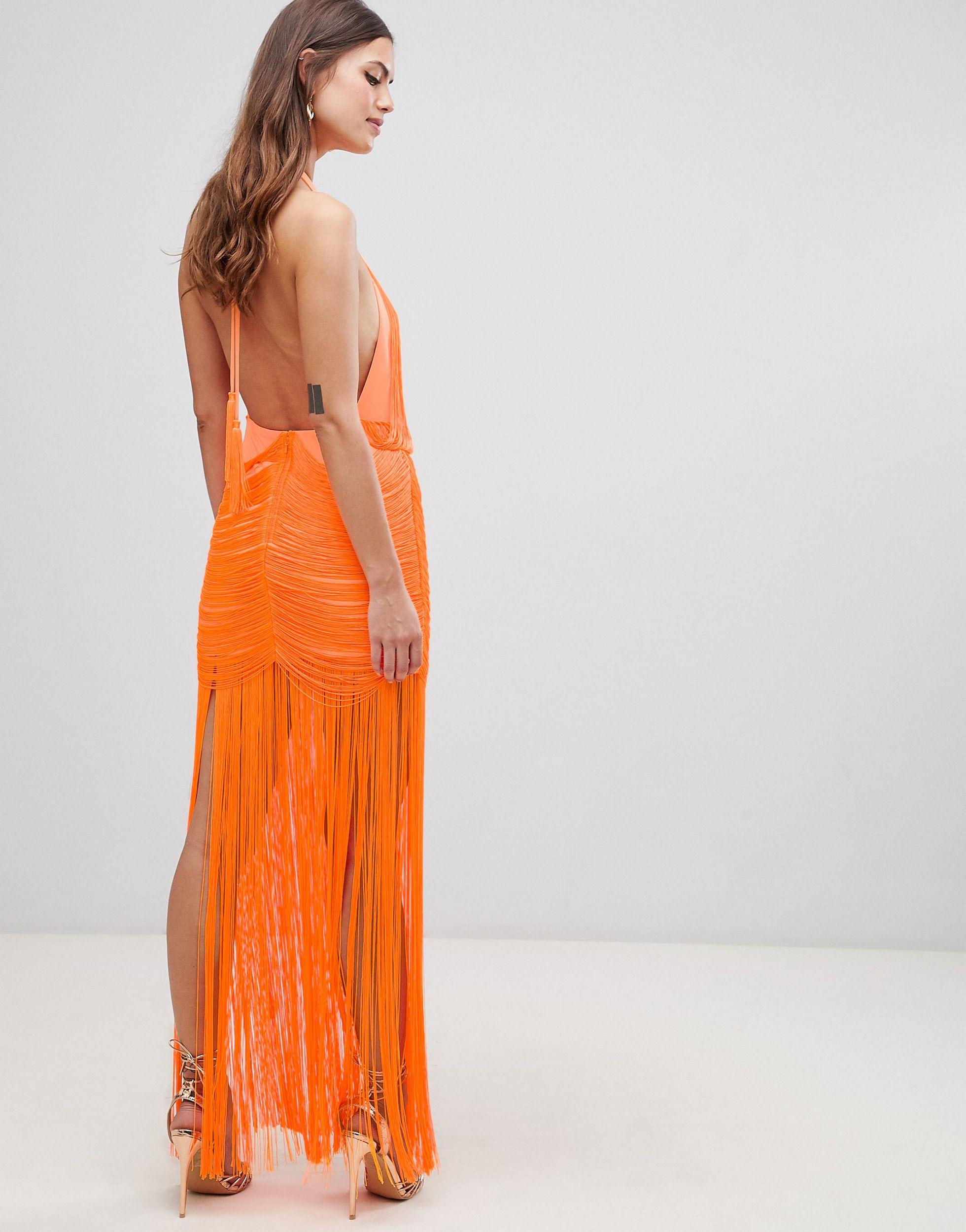 ASOS Dropped Waist Fringe Maxi Dress in Orange | Lyst UK