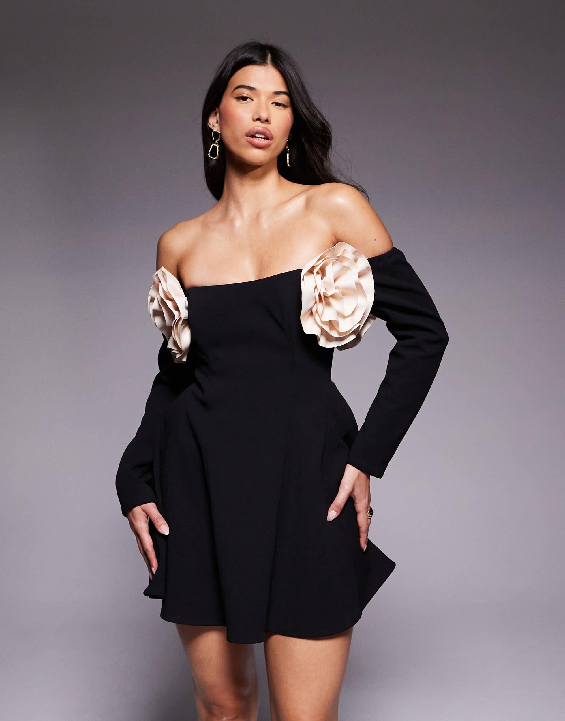 chinese dress ladies Black Ruched Bardot Off The Shoulder Long Sleeve Bodycon Mini Dress