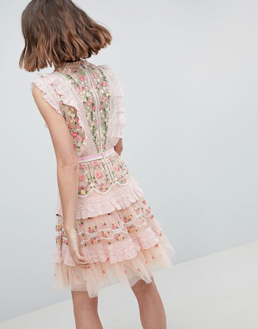 Needle & Thread High Neck Layered Mini Dress With Embroidery in Pink | Lyst