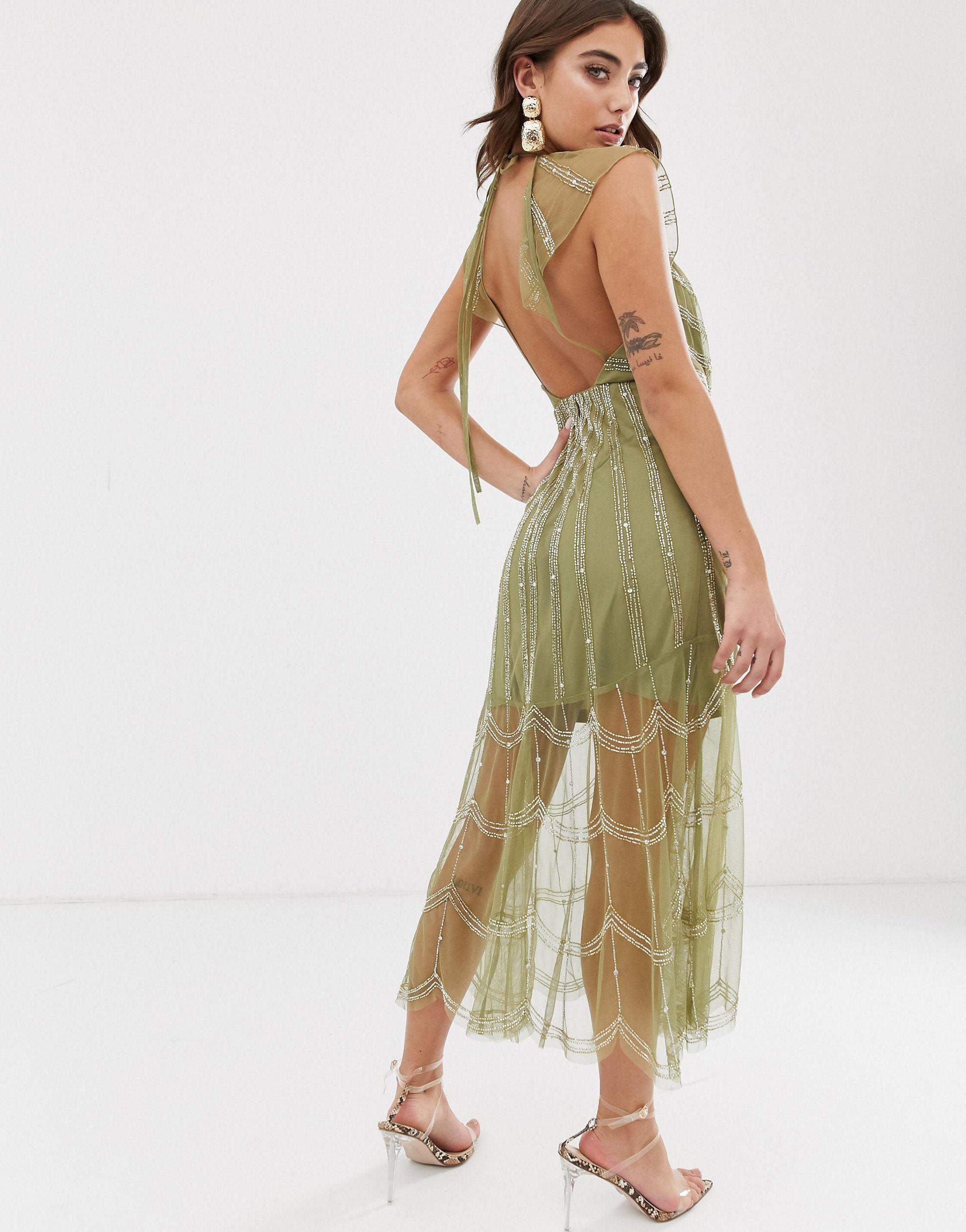 ASOS Midi Dress With Plunge Bodice And Linear Vintage Beading | Lyst