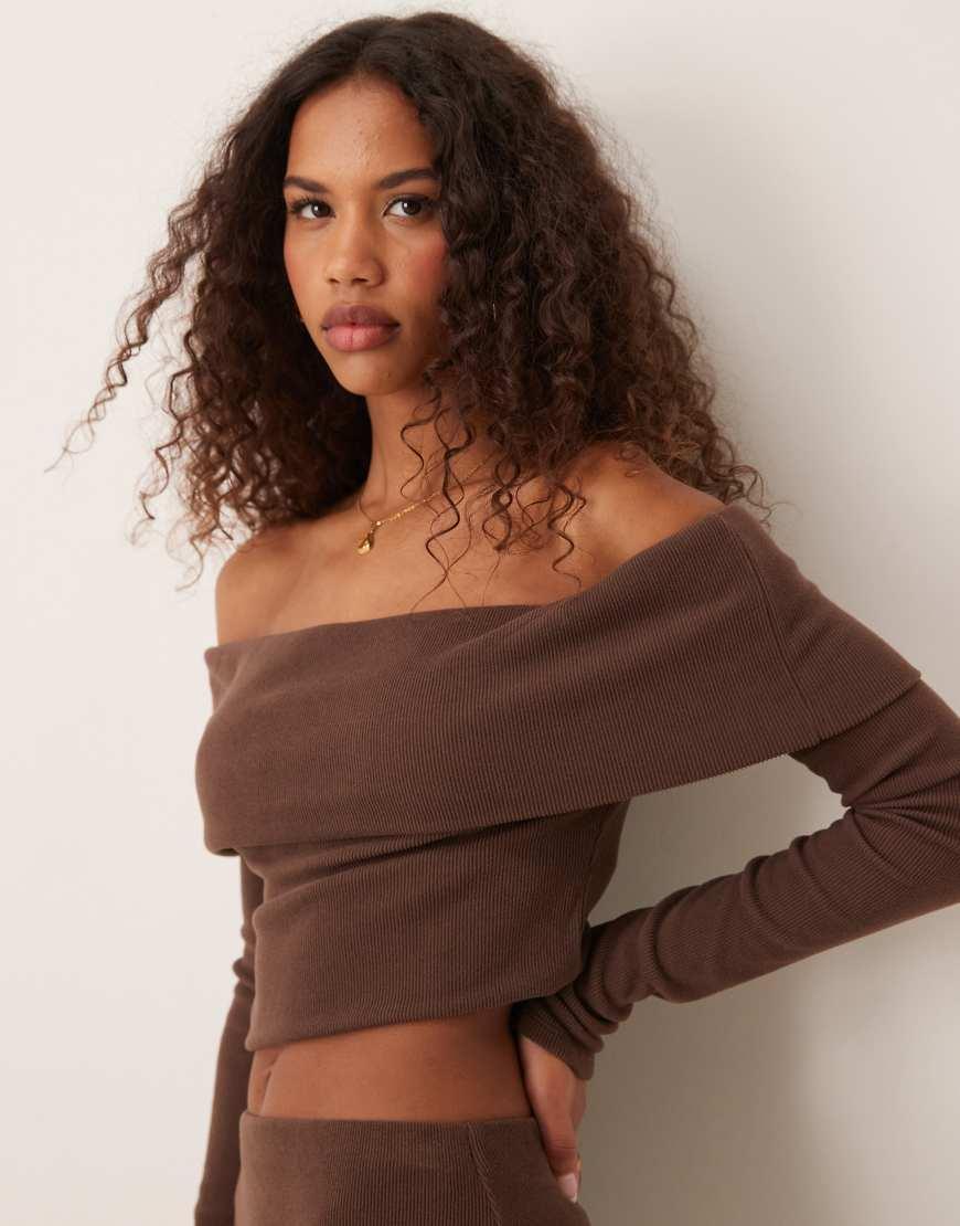 Miss Selfridge Deep Bardot Top in Brown Lyst UK