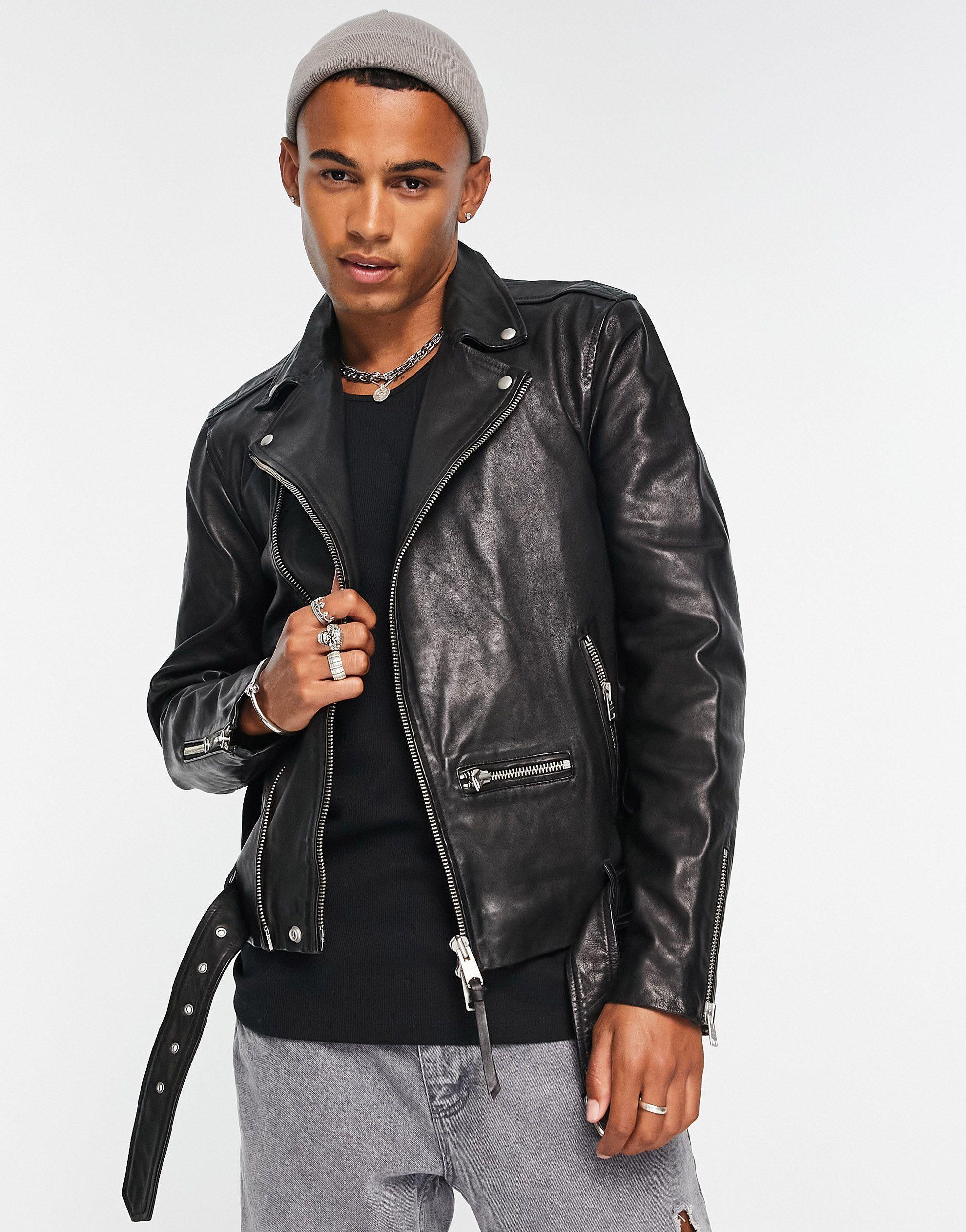 AllSaints Wick Leather Biker Jacket in Gray for Men | Lyst