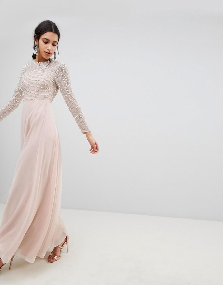 ASOS Premium Pearl Embellished Long Sleeve Maxi Dress in Pink